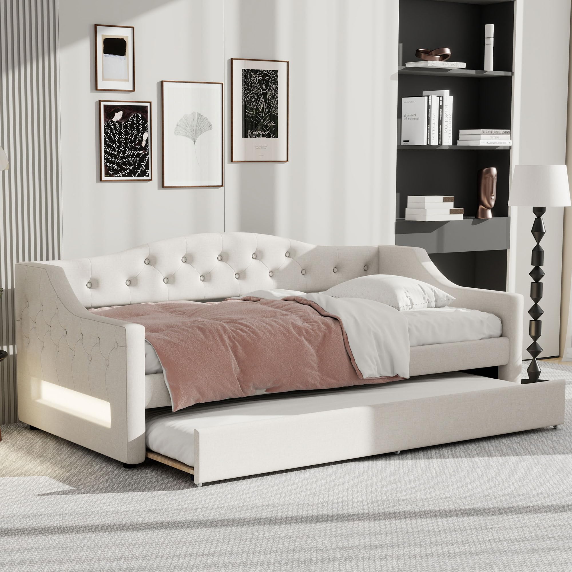 GDFStudio Twin XL Upholstered Daybed with Linen Fabric, LED Lighting Belt, Pull-Out Trundle, Sturdy Pine Wood Frame with Slats, Modern Beige Platform Bed for Users, No Box Spring Required, Beige