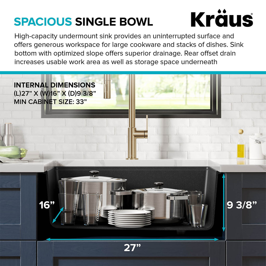 KRAUS Bellucci 30” in. Undermount Workstation Granite Kitchen Sink in Metallic Black with Accessories, KGUW2-30MBL