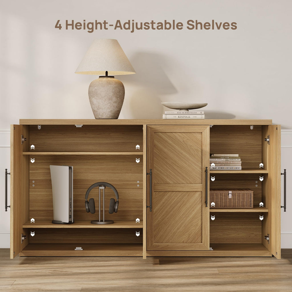 SICOTAS Buffet Cabinet with 4 Doors, Modern Sideboard Cabinet with Storage and Adjustable Shelves, Large Credenza Storage Cabinet (1, Oak Brown)