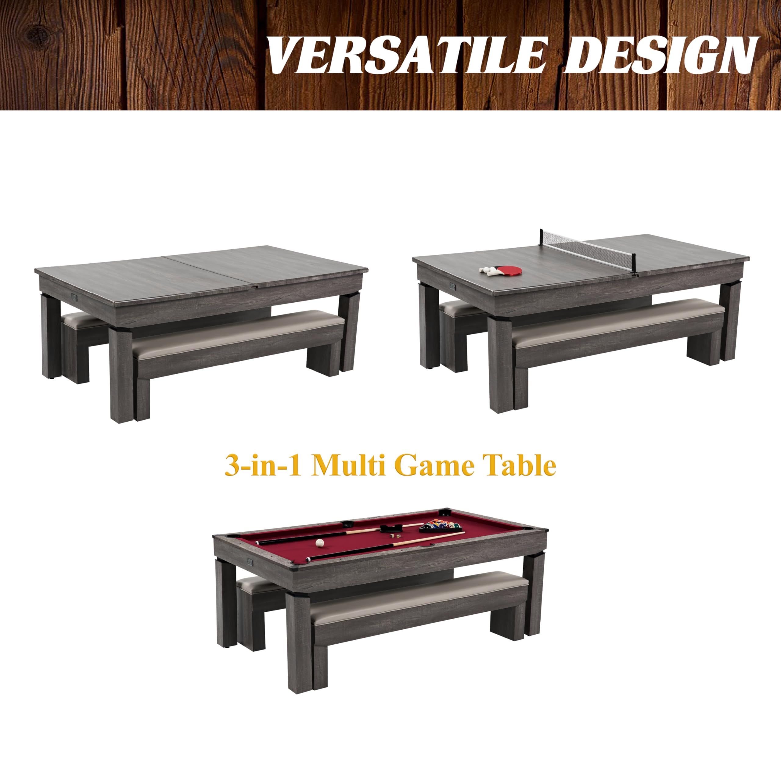 Barrington Billiards Prescott 7' Pool Table, 3-in-1 Dining Top & Table Tennis with Game Accessories & Rolling Storage Caddy