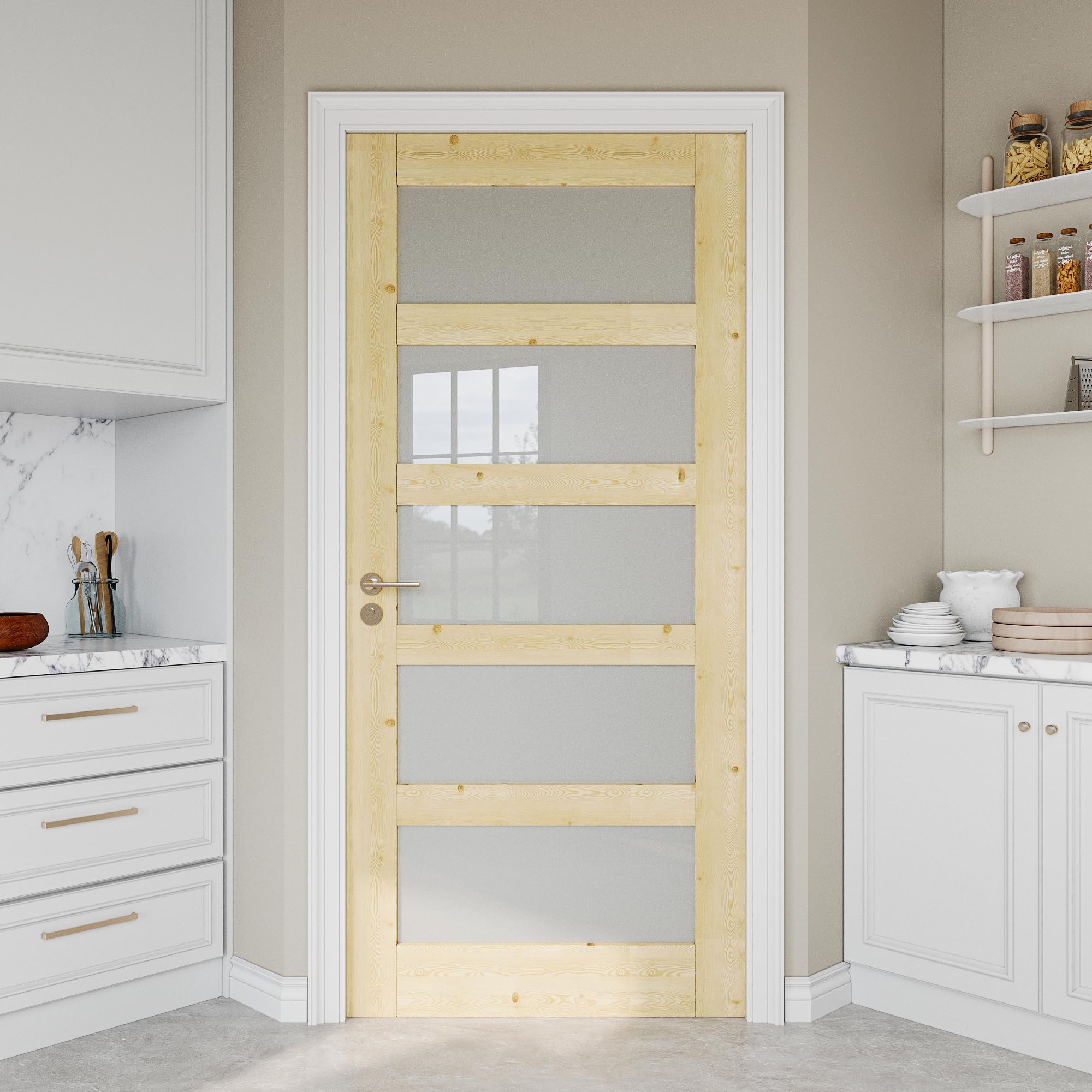 36" x 80" Pine Wood Slab Door, 5-Panel Frosted Glass Interior Doors, Single Room Door for Closet & Bedroom, Farmhouse Style as Prehung, Pocket, Bifold, Barn Doors, Easy DIY Stain, Shaker w/o Hardware