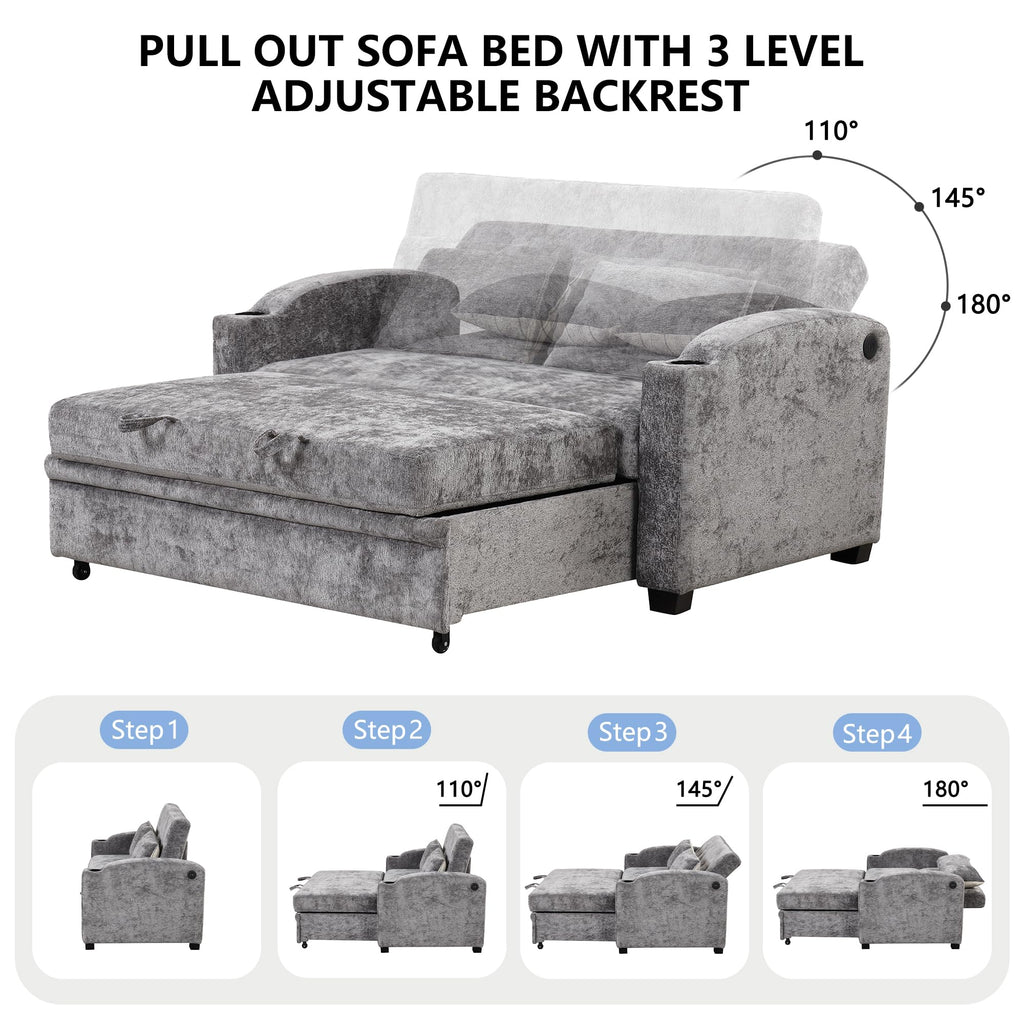 GDFStudio Pull Out Sofa Bed with USB Ports and Cup Holders, 3-Position Adjustable Backrest Chenille Loveseat, Sturdy Frame Compact Couch for Living Room Apartment Guest Bed, Gray