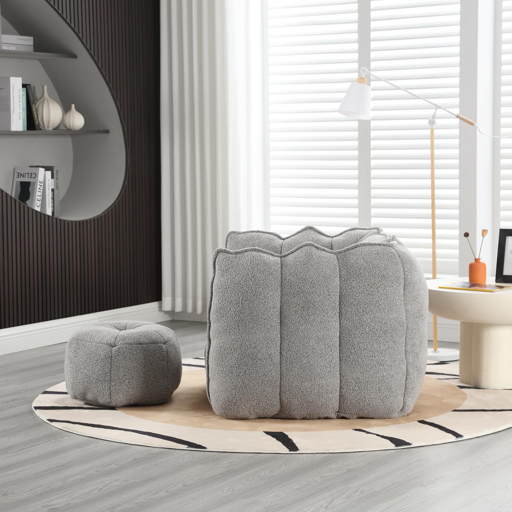 Plush Grey Chenille Bean Bag Chair for Adults | Large Comfy Lounger with Footstool | Ideal for Living Room, Bedroom, Gaming, Reading | 41"x32"x25"