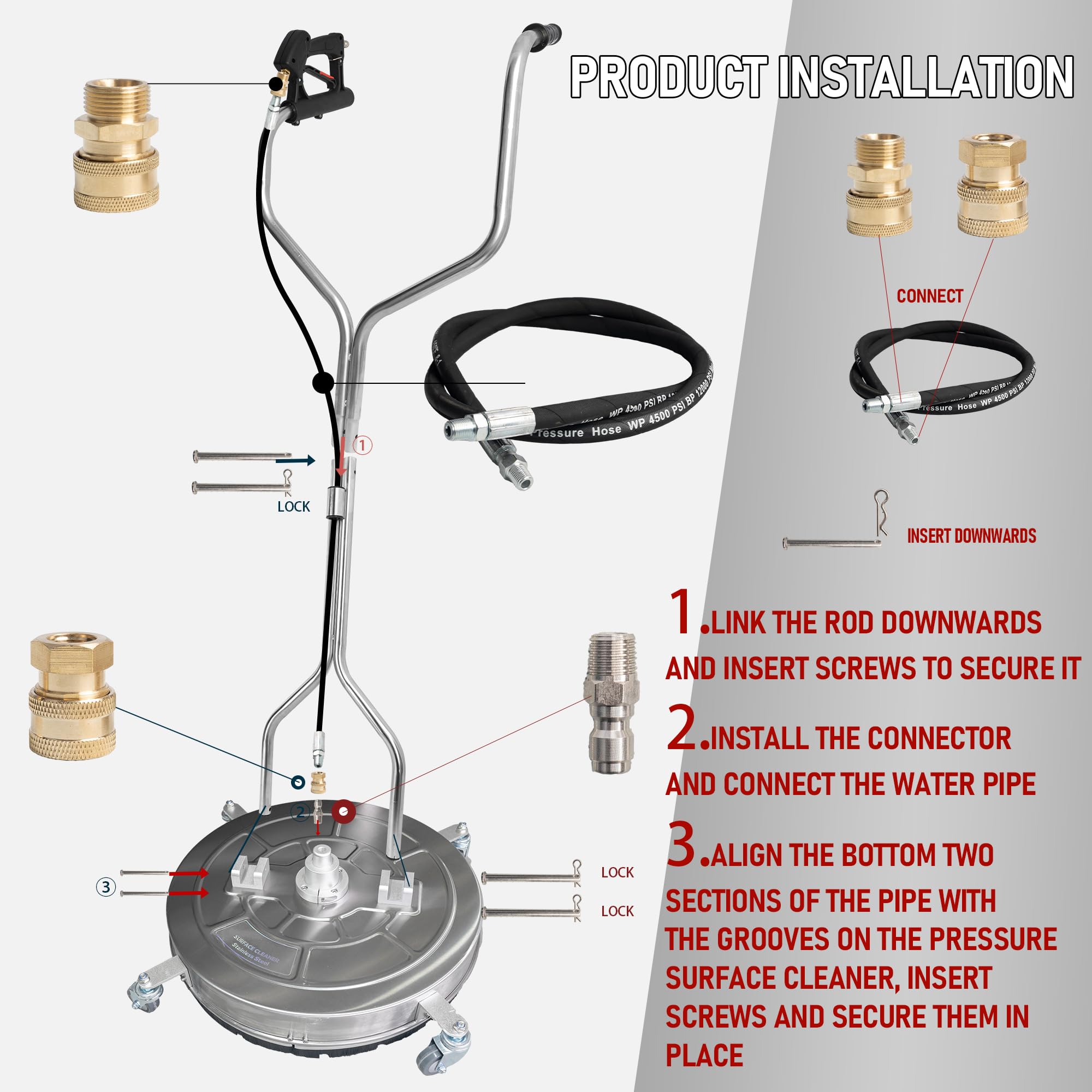 Hourleey 30" Pressure Washer Surface Cleaner with Dual Handles, Stainless Steel Surface Cleaner with 4 Wheels for Driveways, Pathway, Sidewalks, Patios, Decks, 4500 PSI with 3/8" Quick Connector Kit