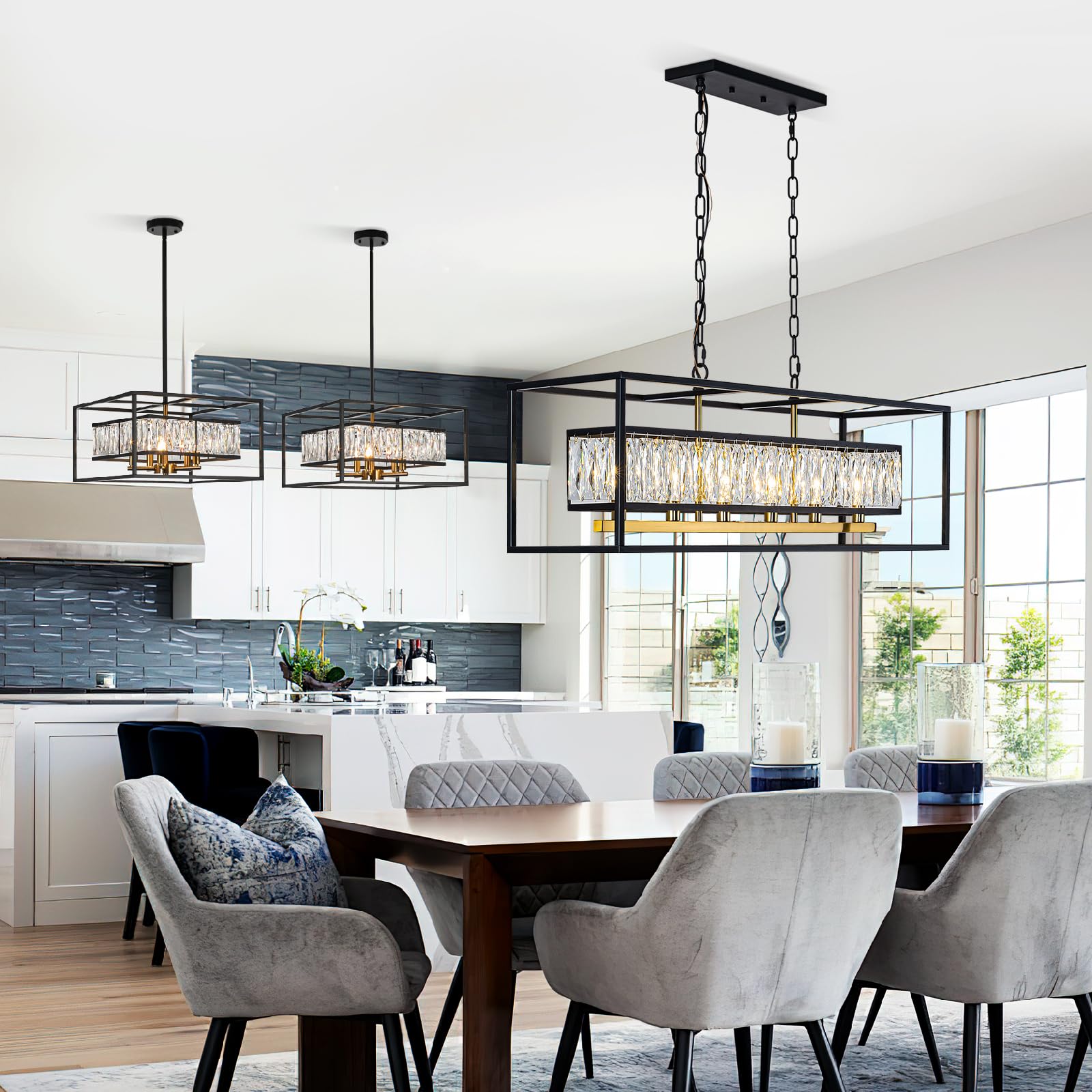 Vezzio Modern Crystal Chandelier for Dining Room 6-Light Luxury Black and Gold Rectangle Contemporary Hanging Adjustable Pendant Light Fixture Over Table for Kitchen Island, L35 Inch
