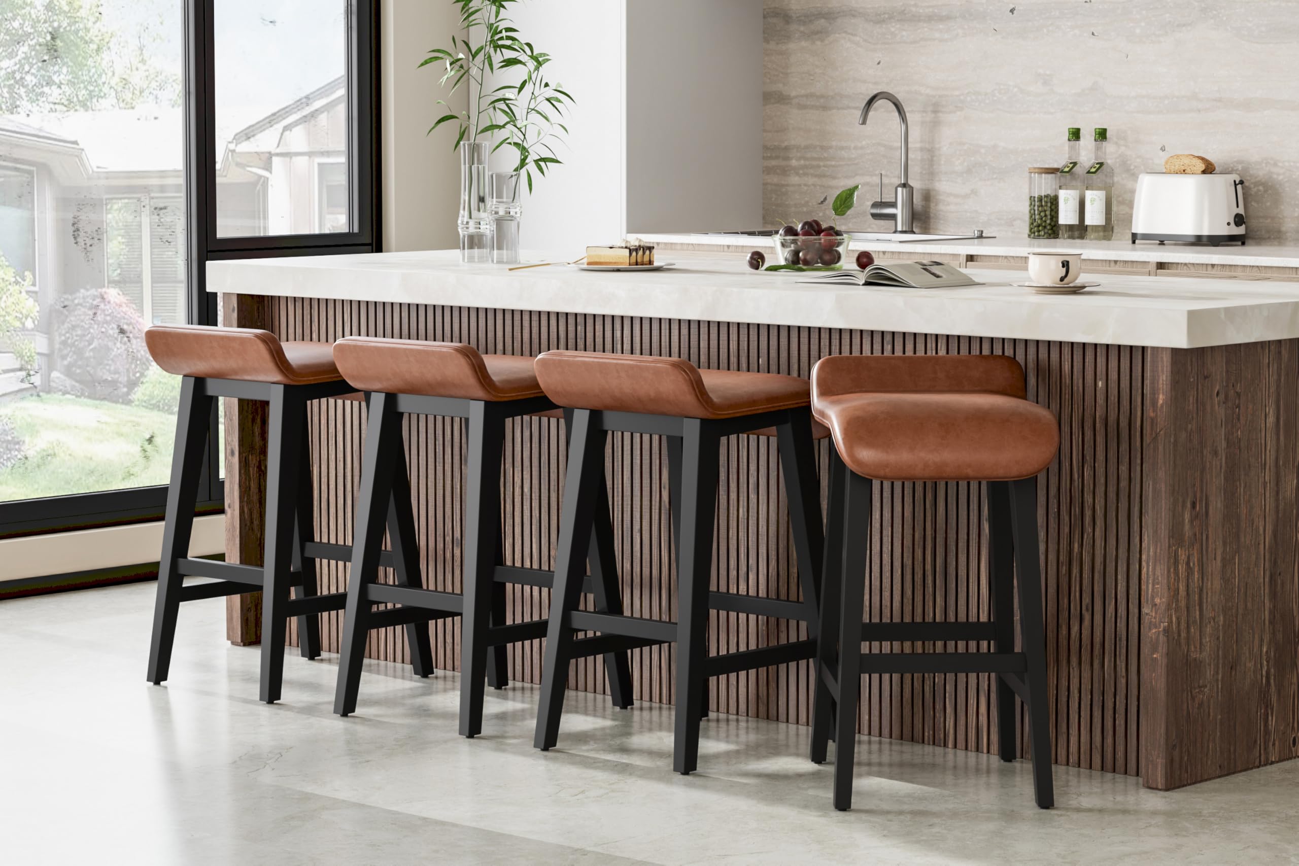 GarveeHome 26.2" Bar Stools Set of 4, Modern Upholstered Kitchen Stools with Low Back and Footrest, Counter Height Bar Stools with Wood Legs, for Kitchen Counter, Dining Room, Brown