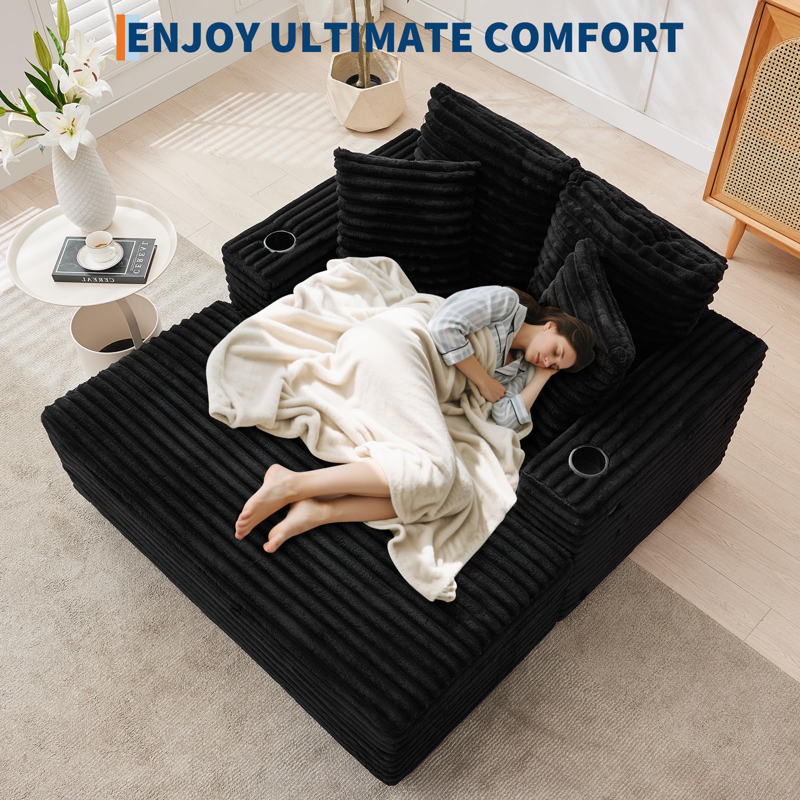 Garvee 60" Oversized Chaise Lounge Chair Indoor, Corduroy Upholstered Sleeper Sofa Bed w/Cup Holder & Charging Port, Cloud Couch Sofa Chair w/Throw Pillows & Wide Arms for Living Room, Bedroom,Black