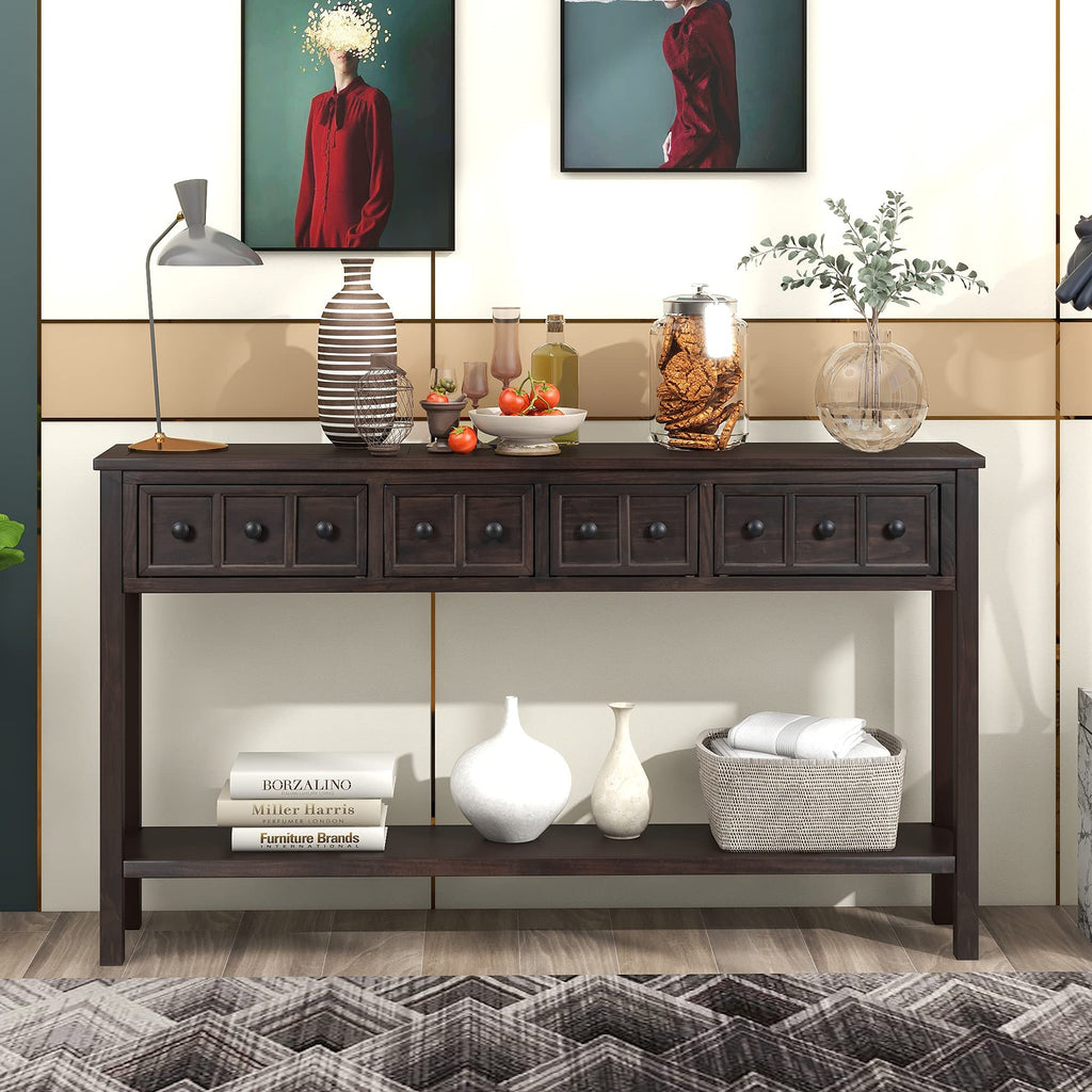 Merax Wood Farmhouse Entry Way Hallway Table with Drawers and Bottom Shelf Narrow Long Sideboard for Living Room (Espresso)