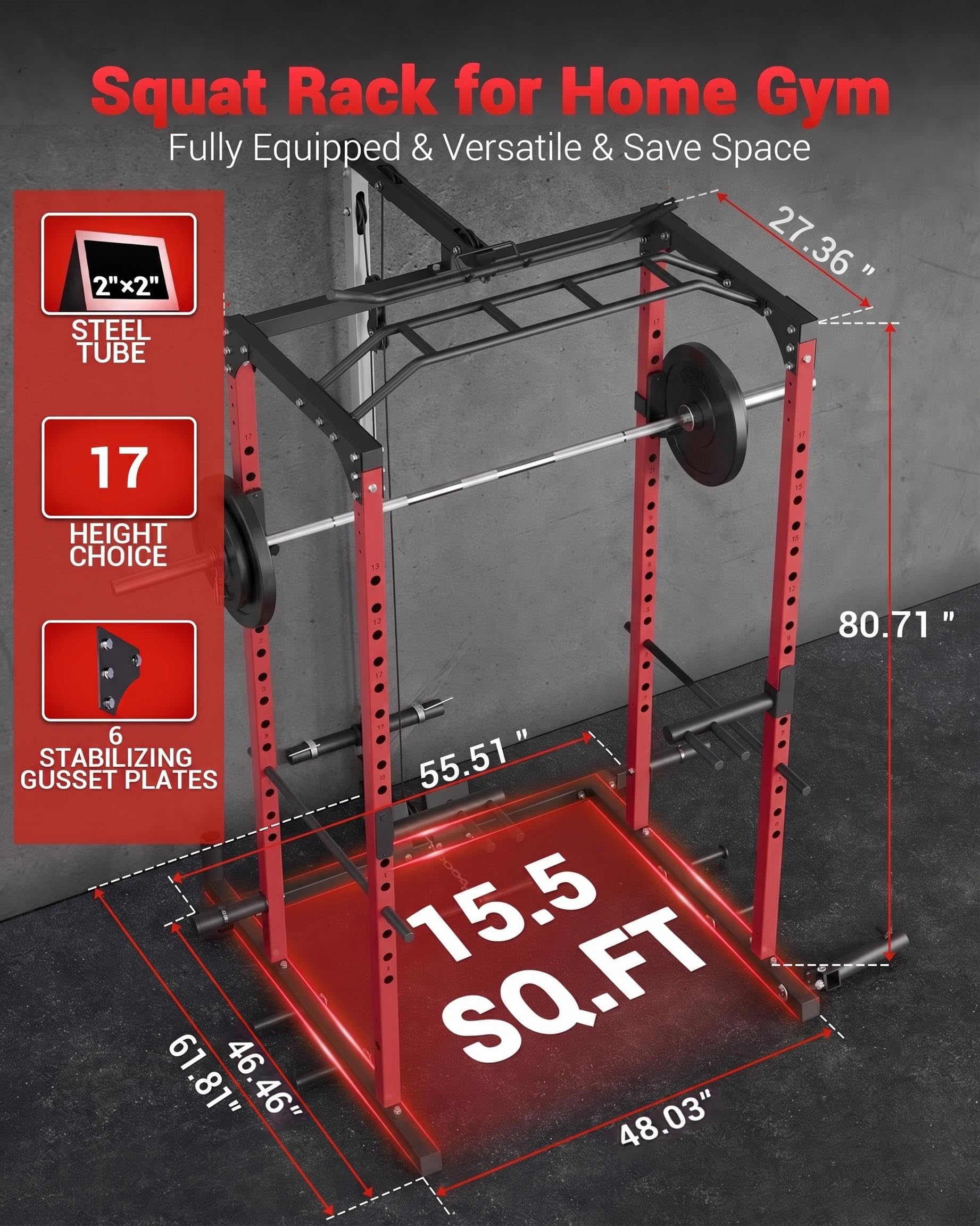 GarveeLife Power Cage, Power Racks for Home Gym with Pulley System, 1200 LBS Weight Capacity Multi-Functional Squat Rack for Strength Workout with More Training Attachment (Red D1002)