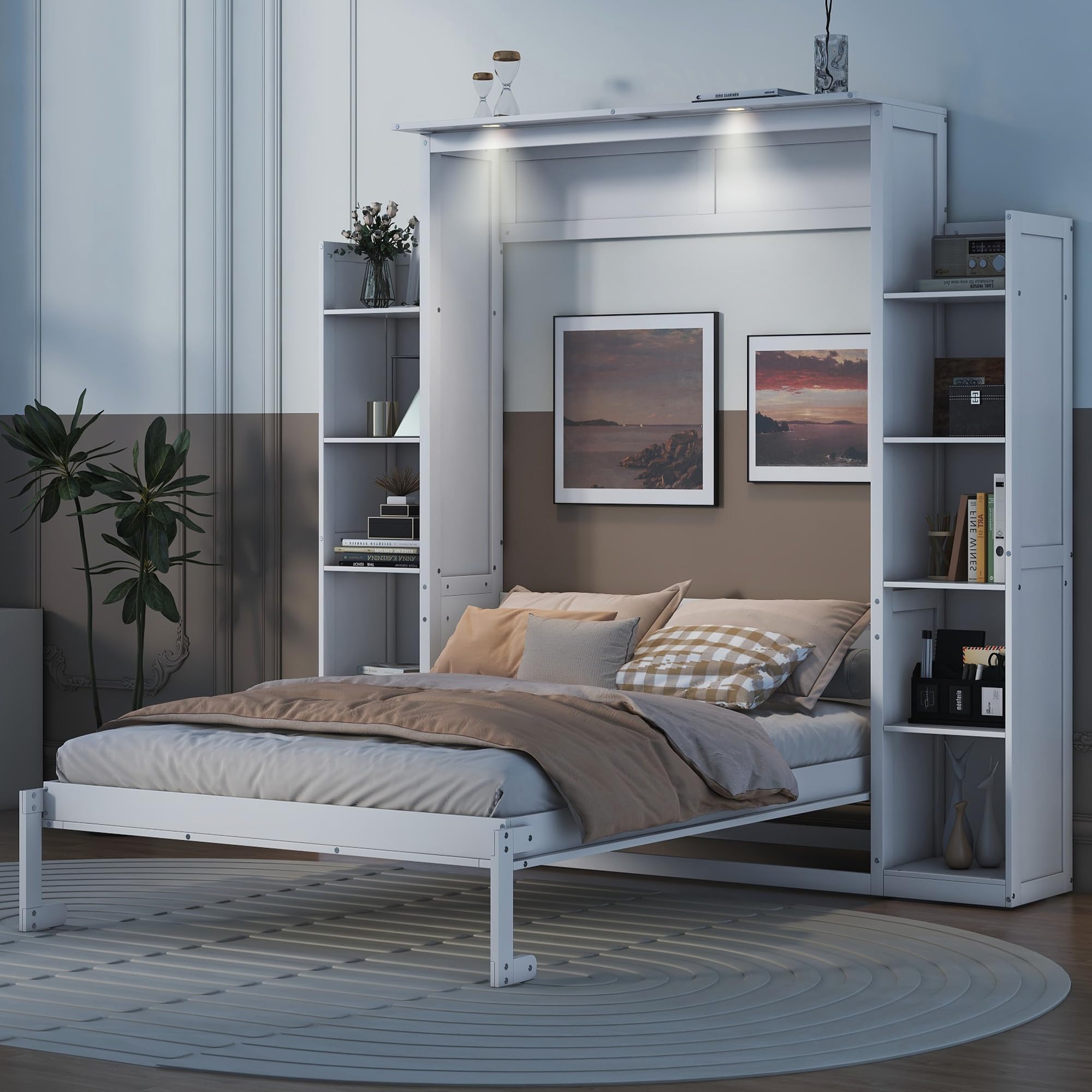 Ball & Cast Full Size Murphy Bed Wall Bed with Shelves and LED Lights,can be Folded,Hideaway Cabinet Frame W/ 2 Five-Layer Cabinets,Slat Support,No Box Spring Needed,for Apartment,Bedroom,White