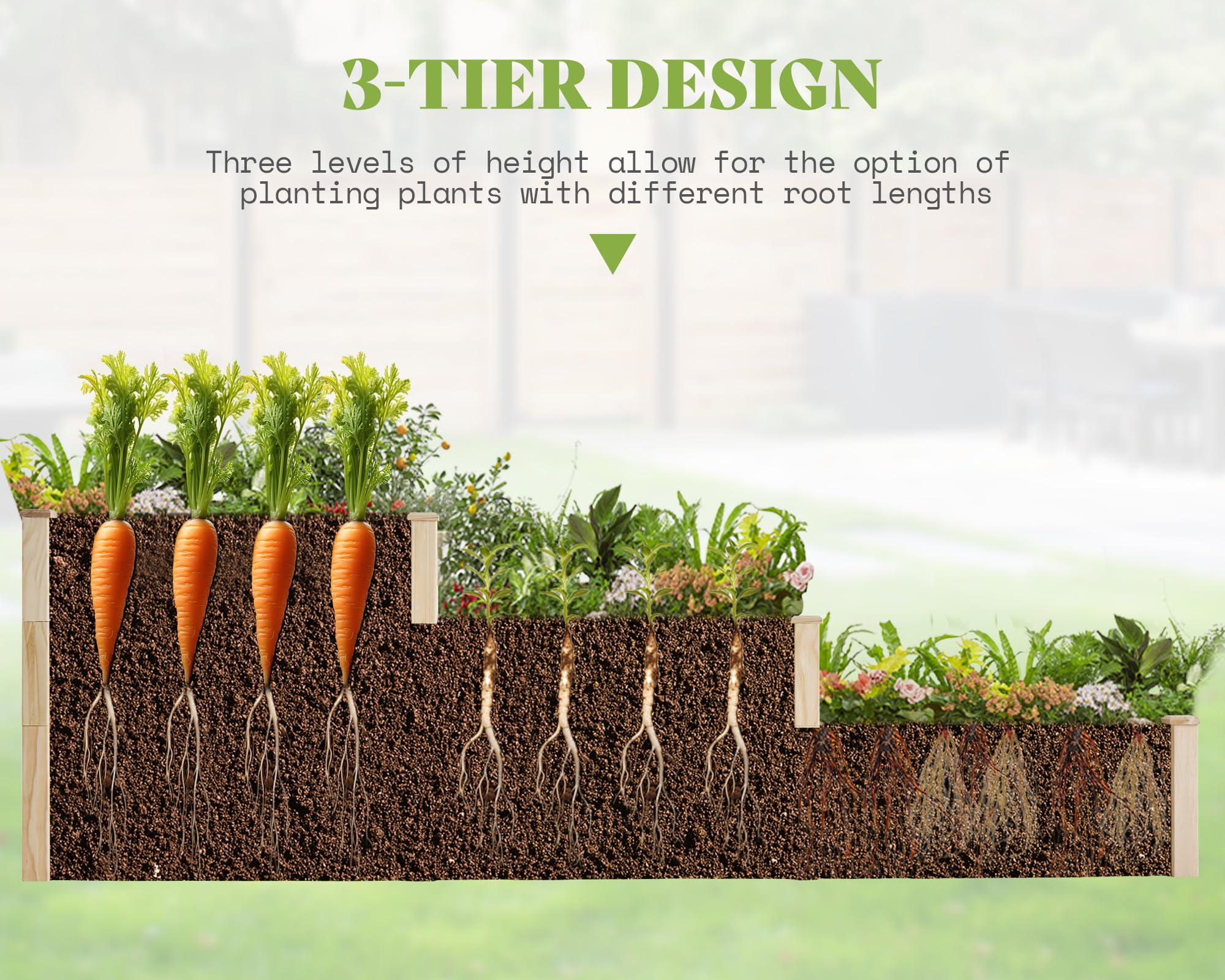 SPECRAFT Raised Garden Bed 3-Tier Outdoor Planter Box, Fir Wood with Dividers, Shape Adjustable, Tool-Free Assembly, Ideal for Growing Vegetables, Herbs & Flowers