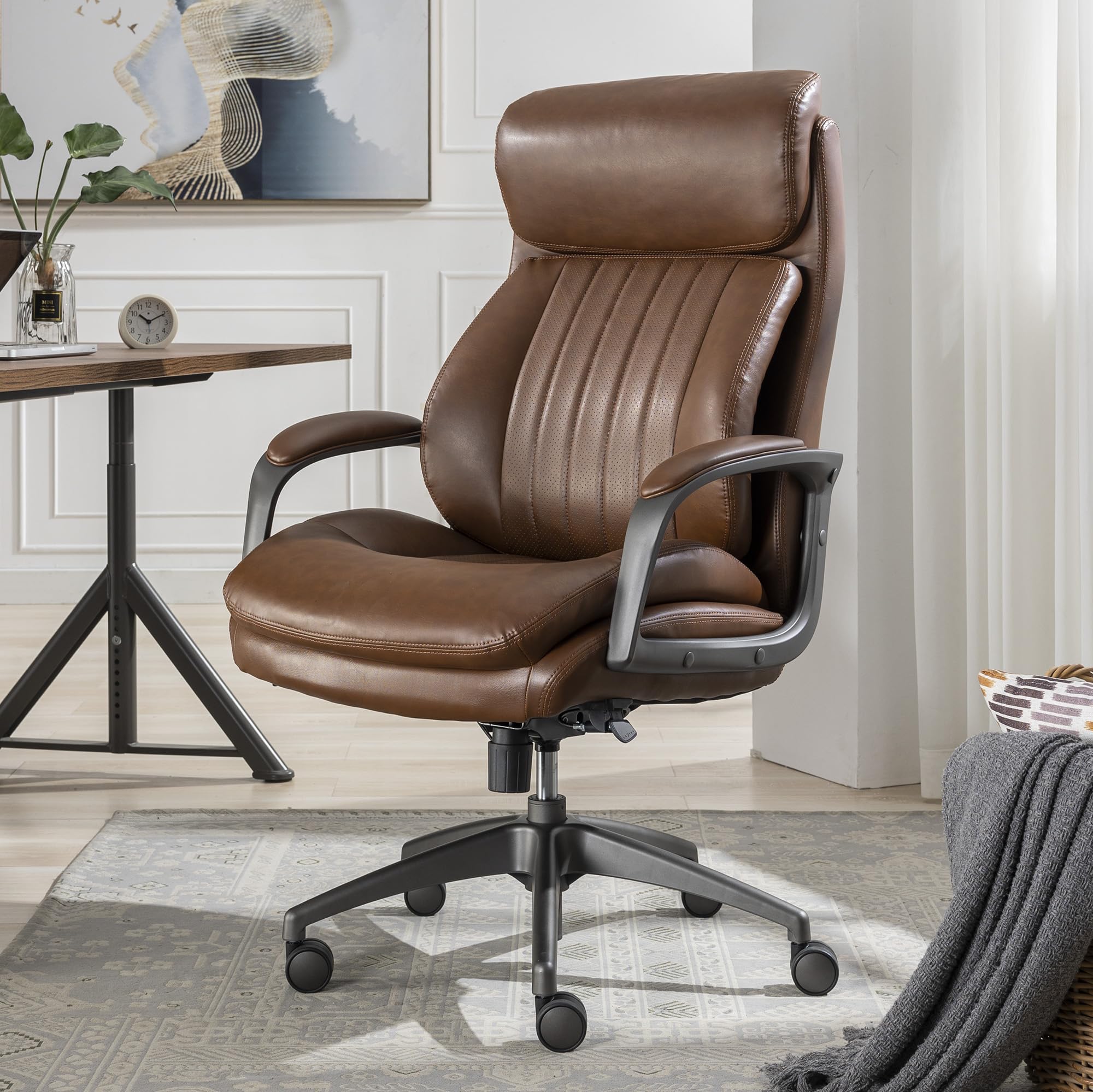 La-Z-Boy Nova Executive Office Chair - Ergonomic High Back Desk Chair with AIR Lumbar Support - Comfortable ComputerChair for Home Office - Vegan Leather - Cognac Brown