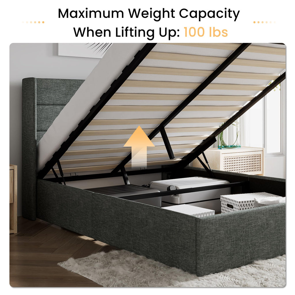 SHA CERLIN Full Size Lift Up Storage Bed/Modern Wingback Headboard/Upholstered Platform Bed Frame/Hydraulic Storage/No Box Spring Needed/Wood Slats Support/Dark Grey