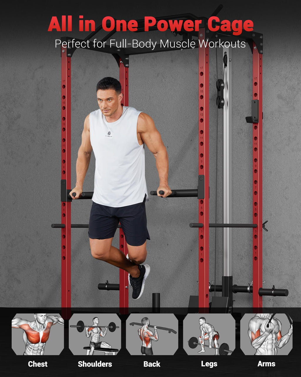 GarveeLife Power Cage, Power Racks for Home Gym with Pulley System, 1200 LBS Weight Capacity Multi-Functional Squat Rack for Strength Workout with More Training Attachment (Red D1002)