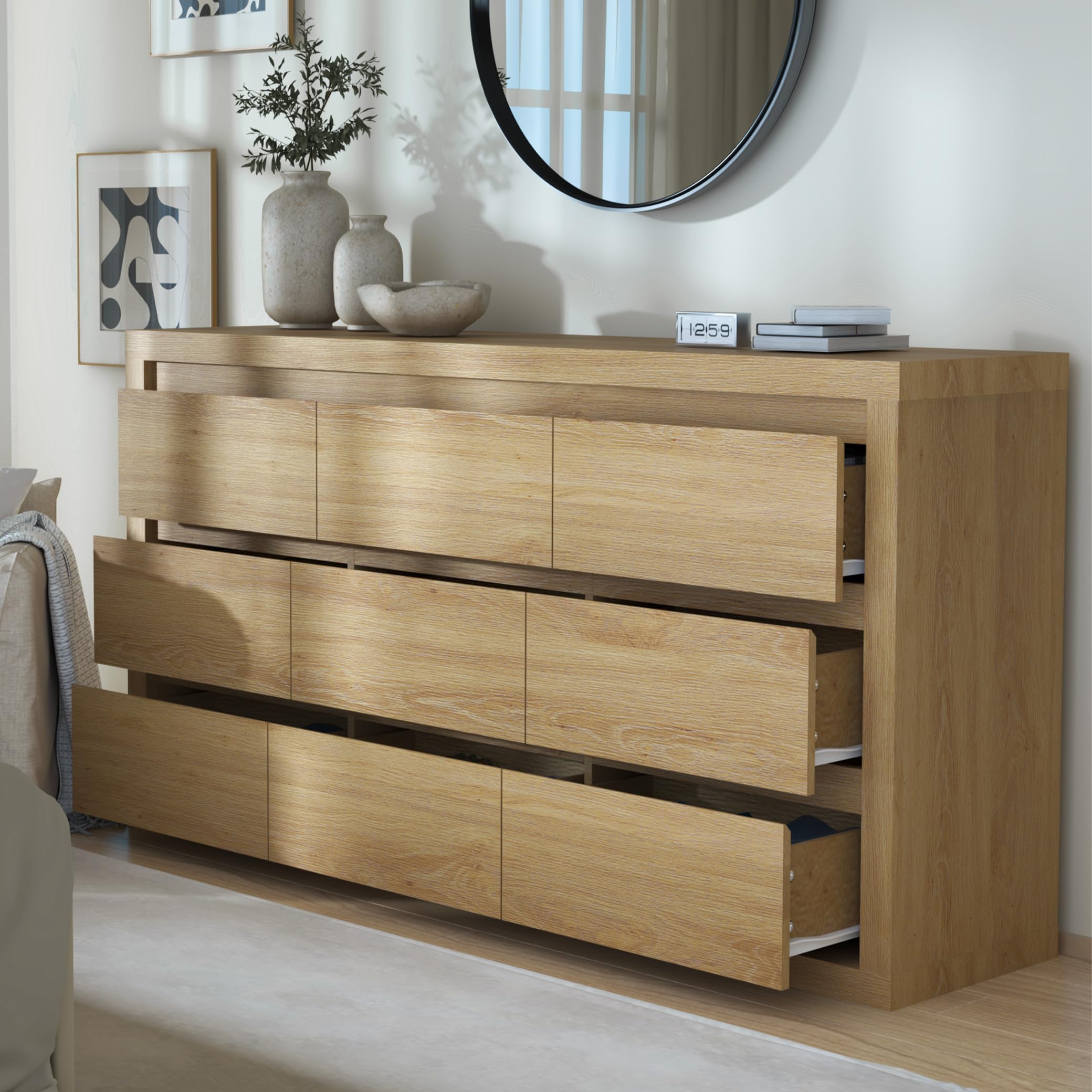 Garvee Modern 9 Drawer Dresser for Bedroom, Wide Chest of Drawers with Anti-Tipping Device, Wooden Storage Cabinet and TV Stand for Closet, Living Room or Hallway,Natural Wood