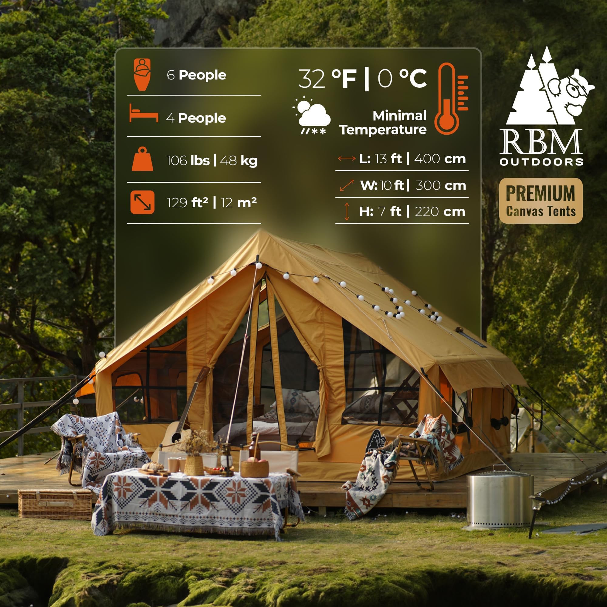 RBM Outdoors Panda Air Large Inflatable Canvas Camping Tent for 2–6 People – Air Beam Tent with Stove Jack, Fast Setup, Hand Pump Included, Beige