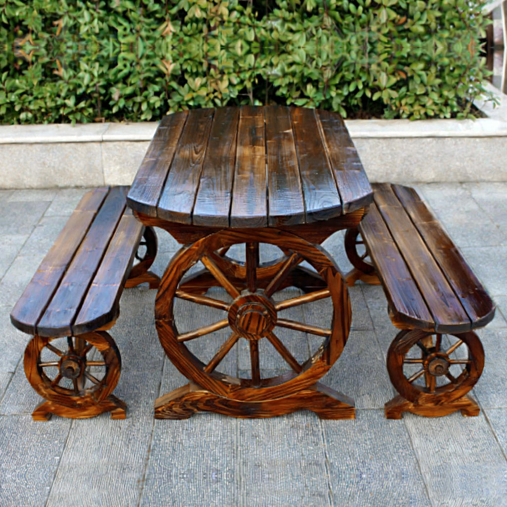 LLZJDDPLY Outdoor Picnic Table and Bench Set, Patio Dining Set Wooden Wagon Wheel, Outdoor Dining Table and Chair, for Garden Yard Porch(160cm/63in)