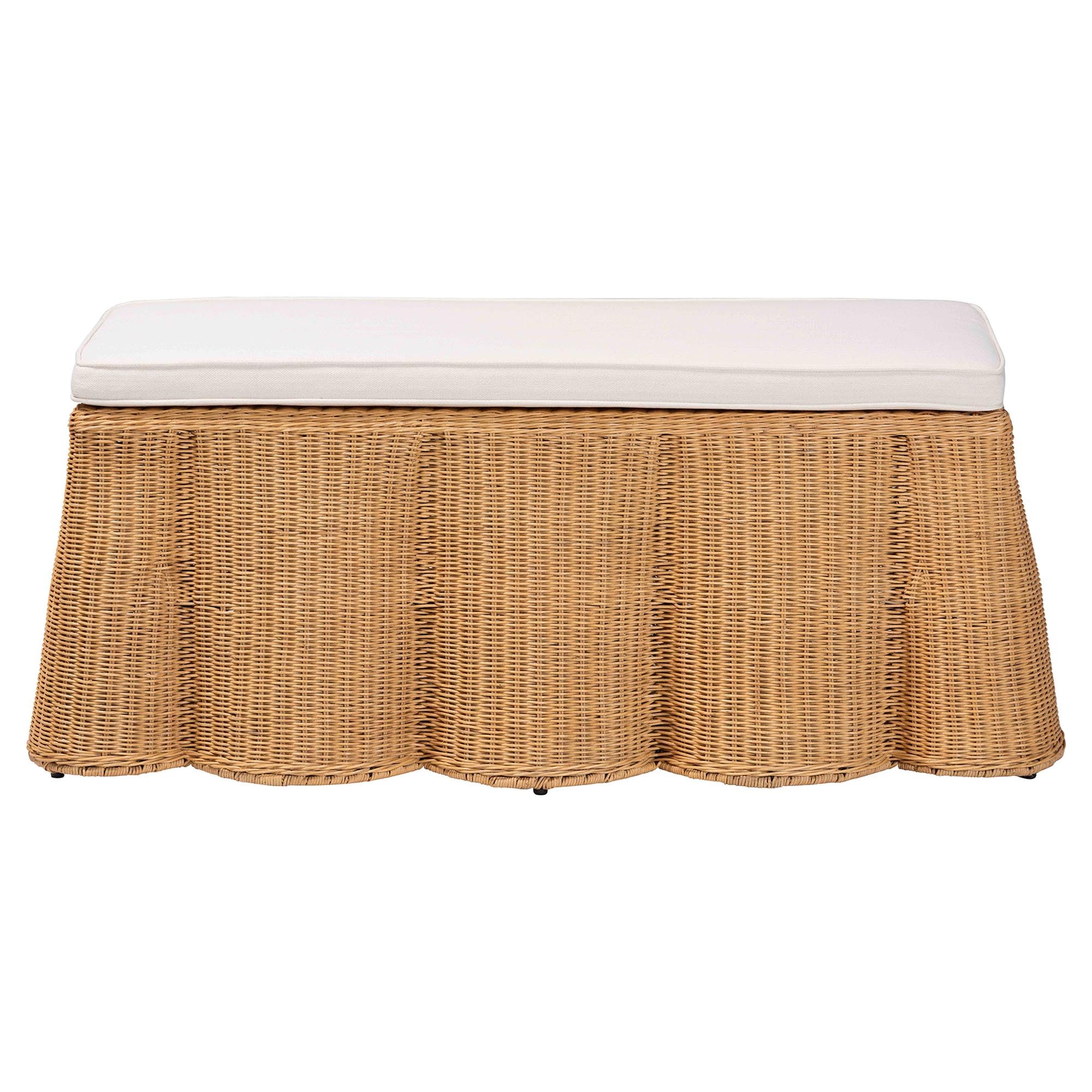 Bali & pari Palm Scallop Natural Rattan Ottoman with Cushion – Handwoven Wicker Accent Bench for Living Room, Bedroom or Entryway, Coastal Boho Style Accent Furniture, 46-inch Wide, Rectangular