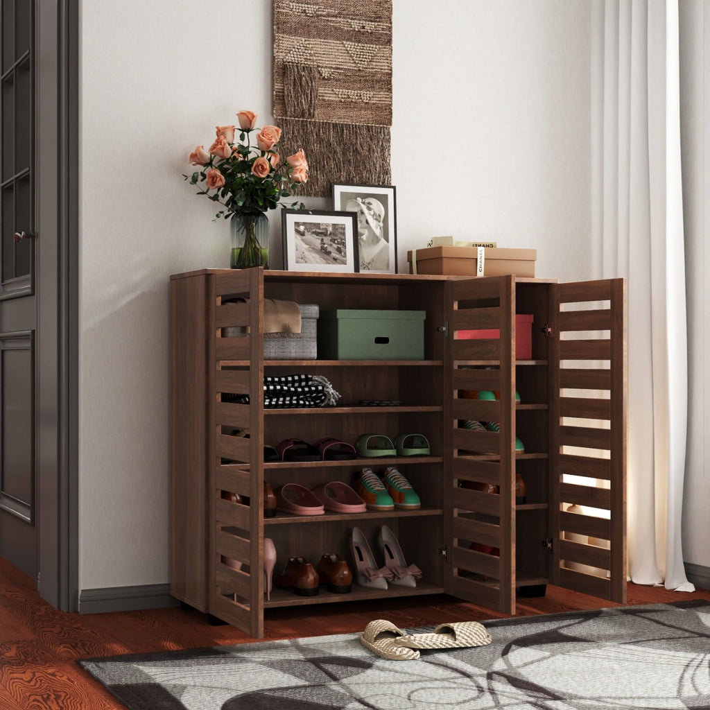 KEIKI 44.88'' Wooden Shoe Cabinet Storage for Entryway with 3 Louvered Door, Freestanding Sideboard Buffet Table Organizer for Hallway, Living Room, Adjustable 4-Tier Shelves, Walnut