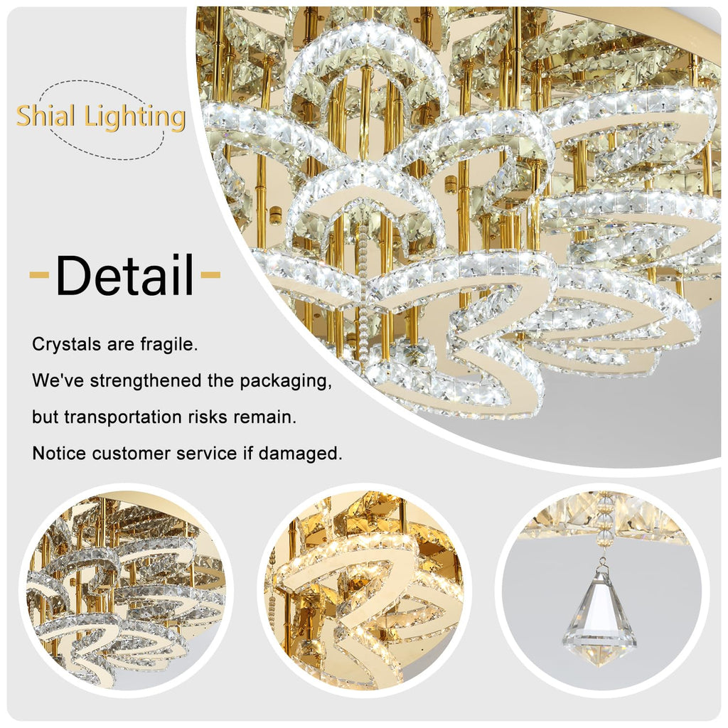 Shial Lighting 40" Modern Crystal Chandelier for Dining Room LED Dimmable Flush Mount Chandeliers Gold Ceiling Chandelier for Living Room Bedrooms