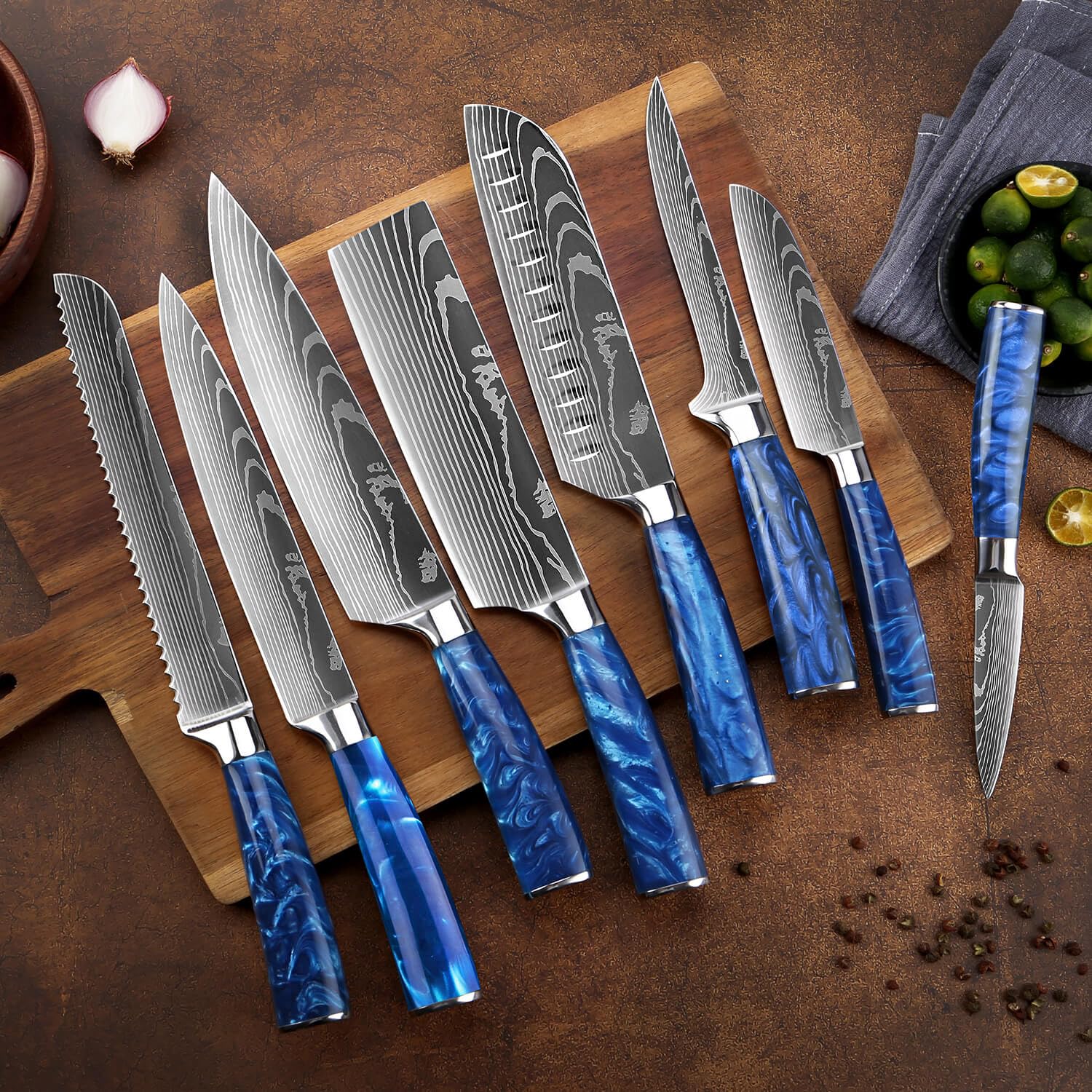 SENKEN 16-Piece Kitchen Knife Block Set - Japanese Chef's Knife Set with Laser Damascus Pattern, Includes 6 Steak Knives and Smoothly Finished Acacia Hardwood Knife Block (Blue Resin Handles)