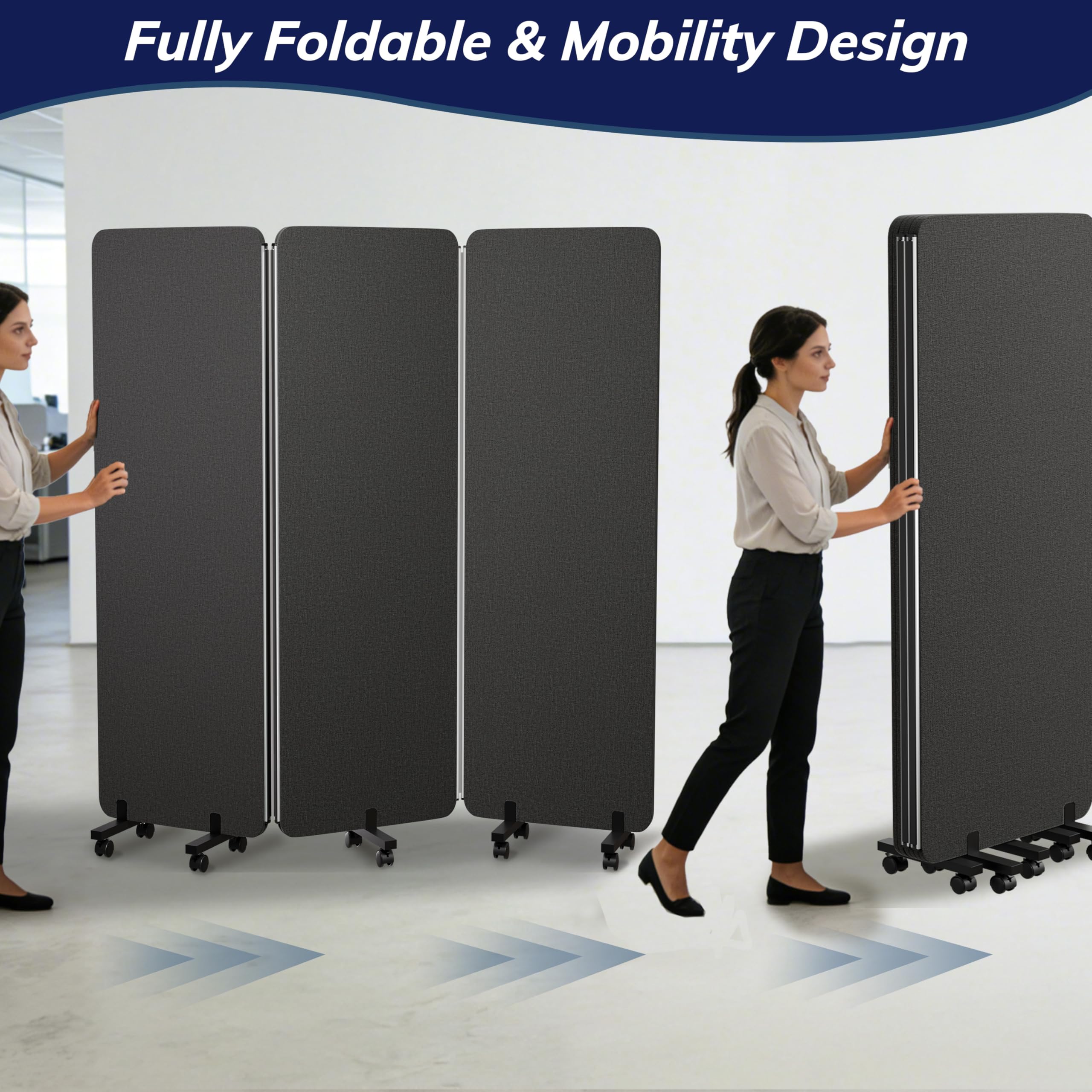 KERRAM 3 Panel Foldable Office Partitions, Mobile Cubicle Wall with Wheels, 71 x 66 Inch Noise Cancelling & Sound Proof Room Dividers Partition Wall, Aluminum Frame Dark Gray