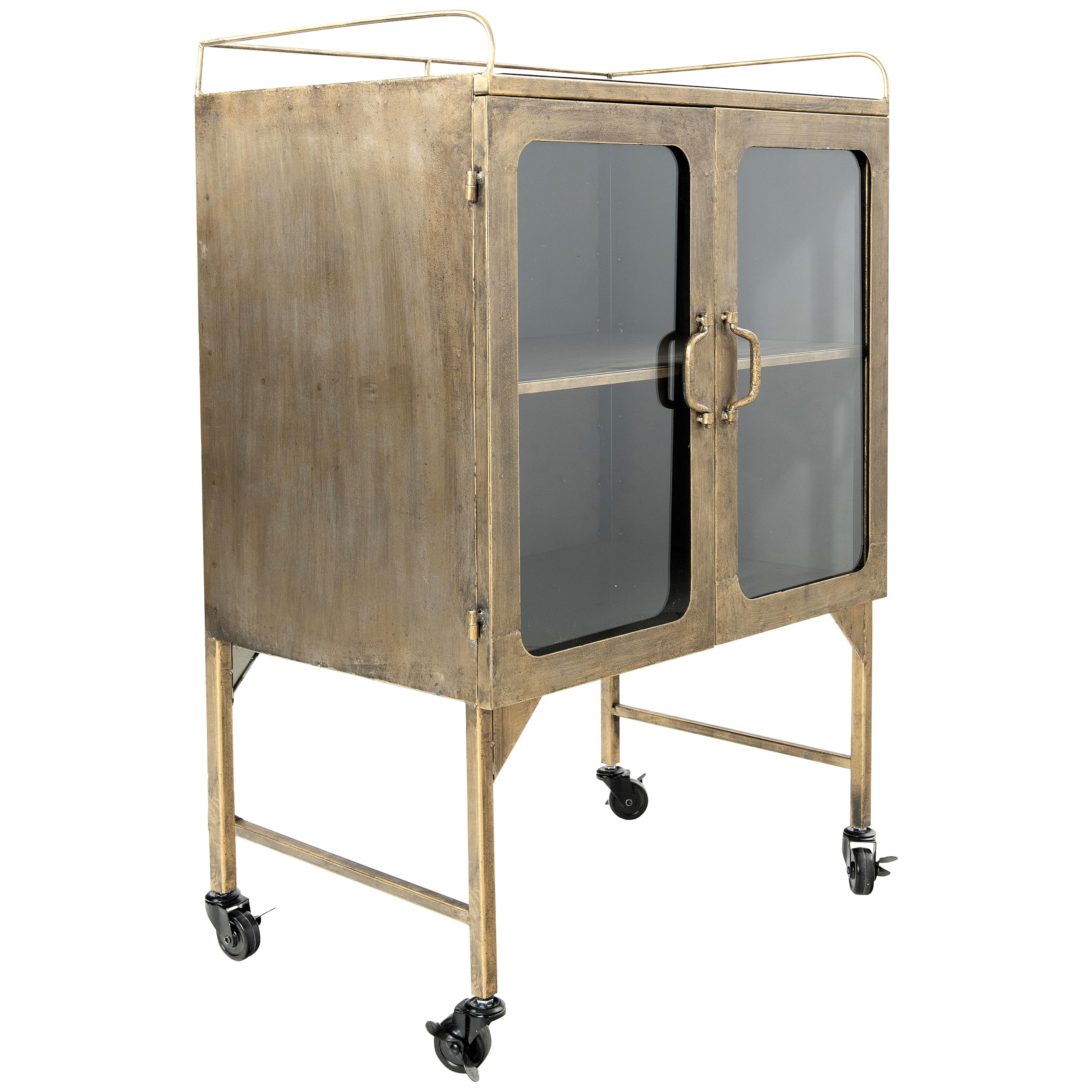 Creative Co-Op Vintage Metal Bar Cabinet with Glass Doors and Wheels, Antique Brass