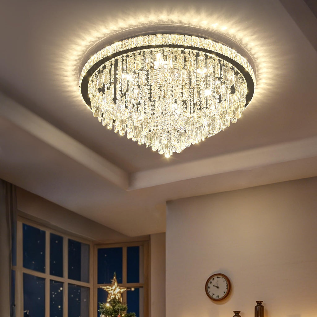 Dia 32" Modern Crystal Chandeliers LED Dimmable Living Room Chandelier Black Pendant Lighting Crystal Ceiling Light Fixture for Entrance Bedroom Hallway Foyer
