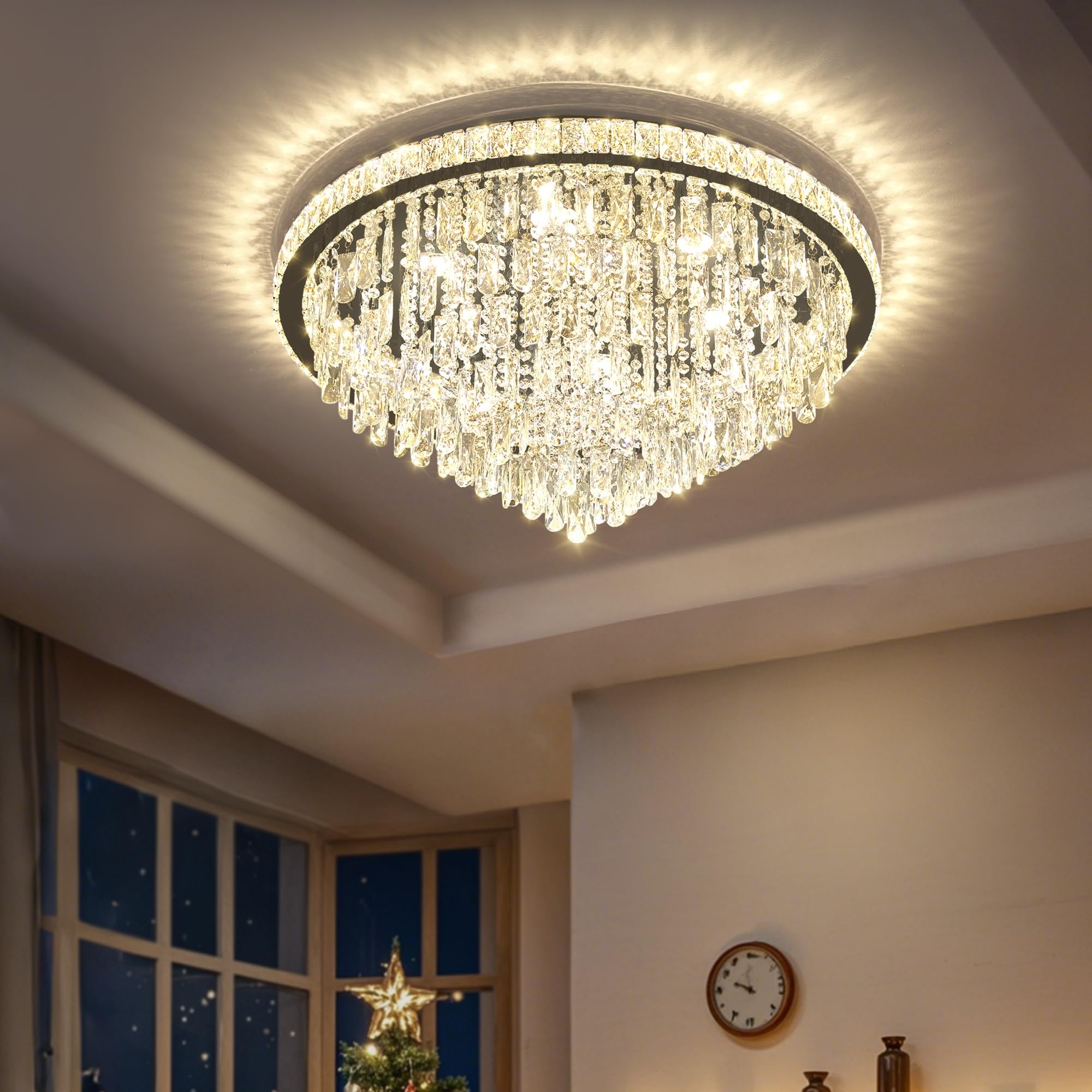 Dia 32" Modern Crystal Chandeliers LED Dimmable Living Room Chandelier Black Pendant Lighting Crystal Ceiling Light Fixture for Entrance Bedroom Hallway Foyer
