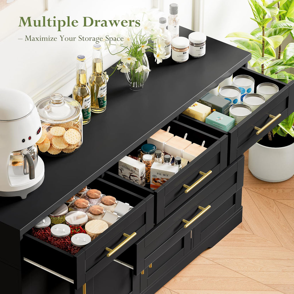 Concho 54" Buffet Cabinet with Storage, Kitchen Sideboards Small Coffee Bar Cabinet with 4 Drawers, Modern Kitchen Storage Cabinet for Living Room, Jet Black