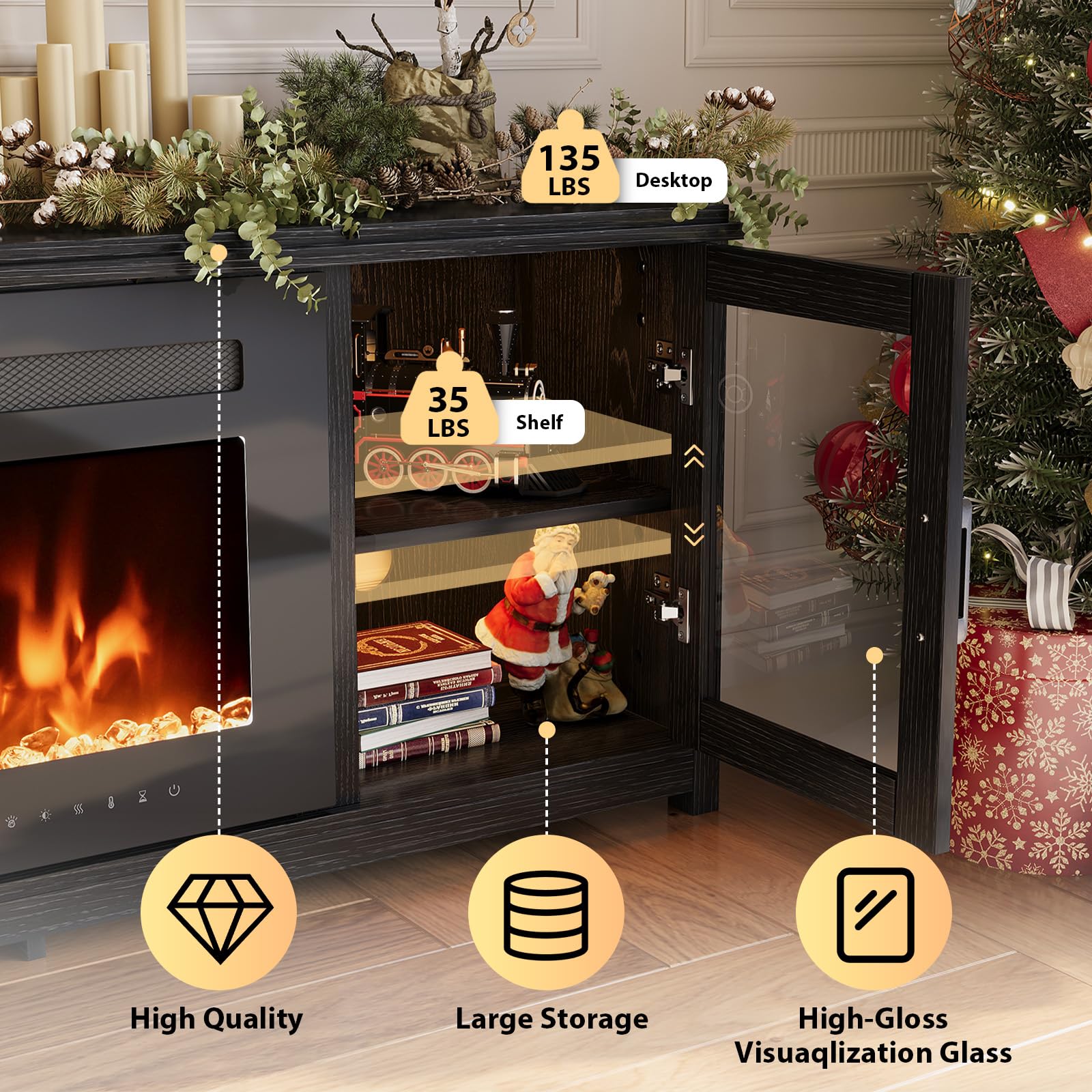 MXV 90" Fireplace TV Stand, Modern Entertainment Center with 60 Inch Electric Fireplace, Adjustable Shelf & Glass Door, Fire Place TV Console for Living Room, Black