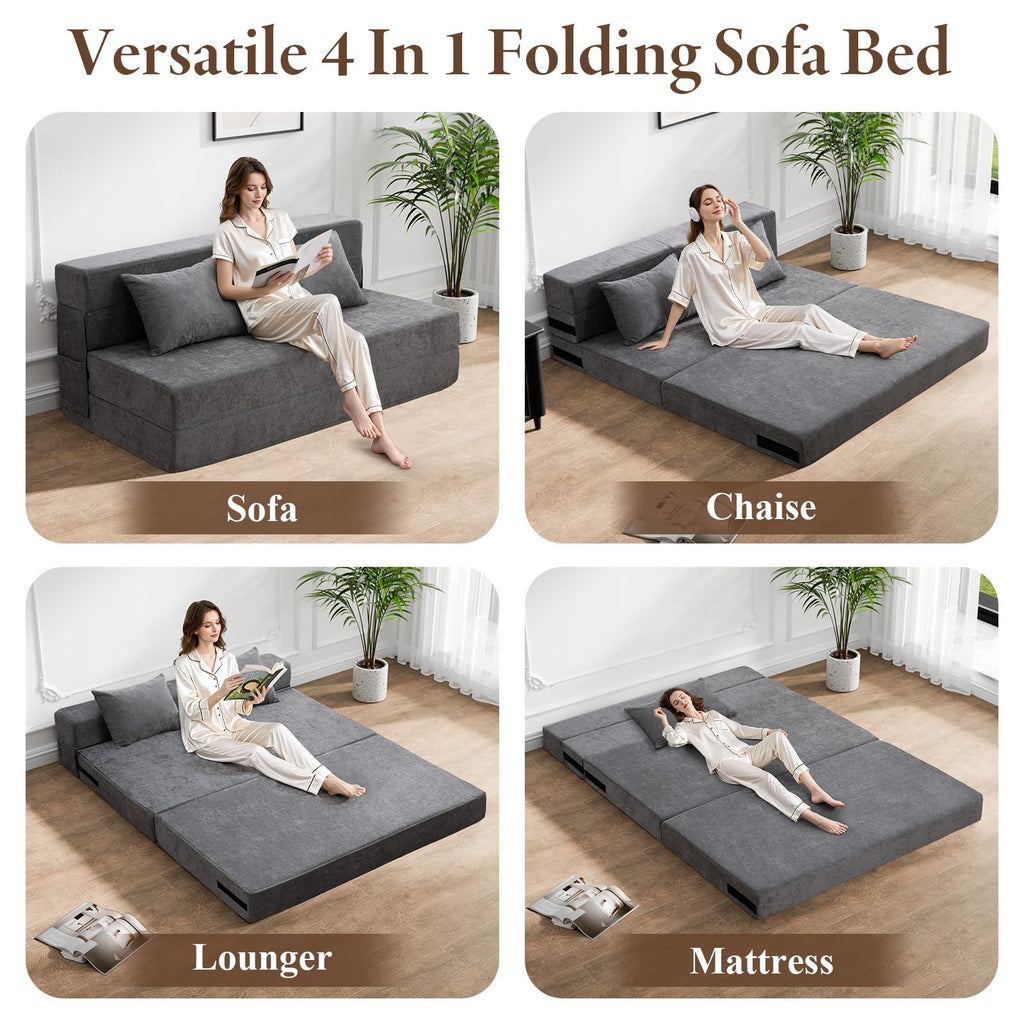 HOMFINE Folding Sofa Bed - Convertible Sleeper Chair with Pillow, Fold Out Couch, Memory Foam Floor Mattress, Futon Couch, Lazy Sofa for Living Room/Dorm/Guest Room/Home Office, Grey, Queen Size