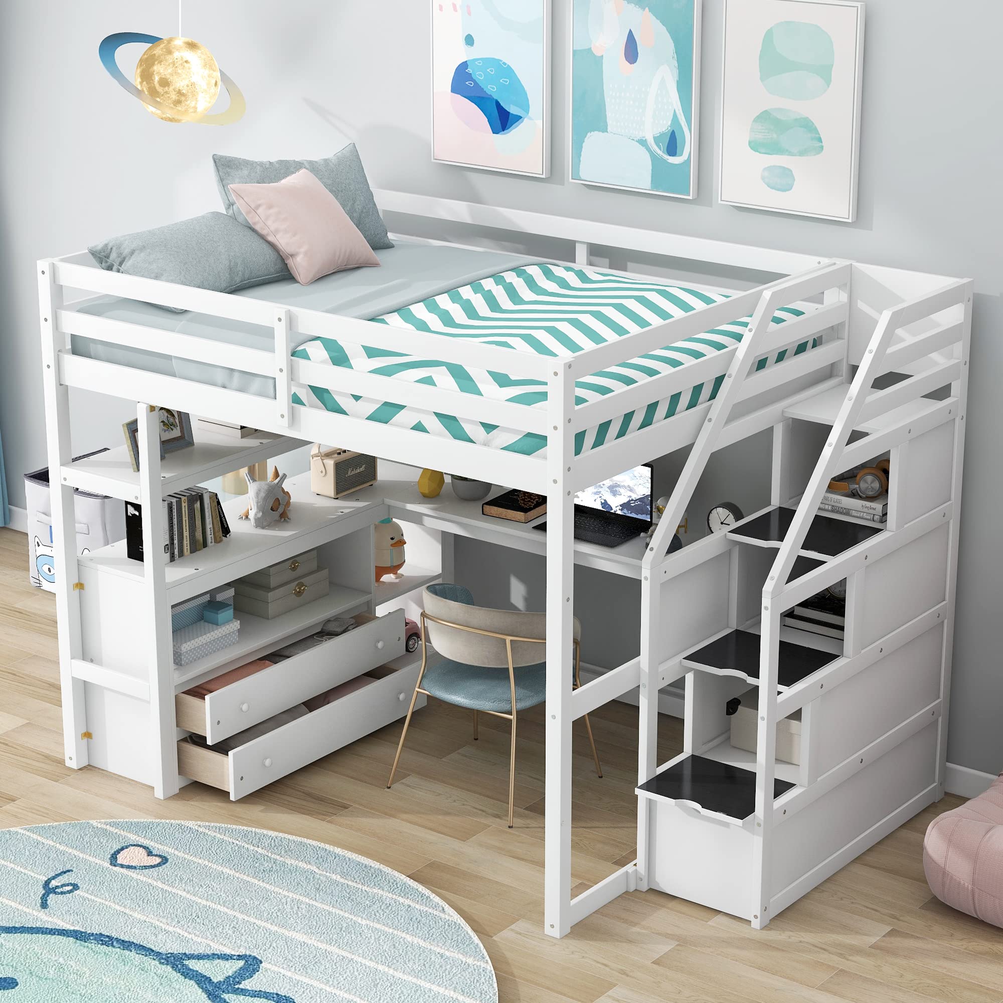 Brisca Full Size Loft Bed with Desk and Shelves,Multifunctionl Bedroom Bed Frame w/Two Built-in Drawers & Storage Staircase,Solid Wood Slats Support,for Kid Adult Boy Girl Teens,White