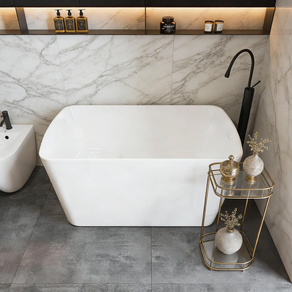 49" Acrylic Freestanding Soaking Bathtub, Matte Drain & Black Overflow, Modern Design Tub for Home Bathroom Renovations, Glossy White