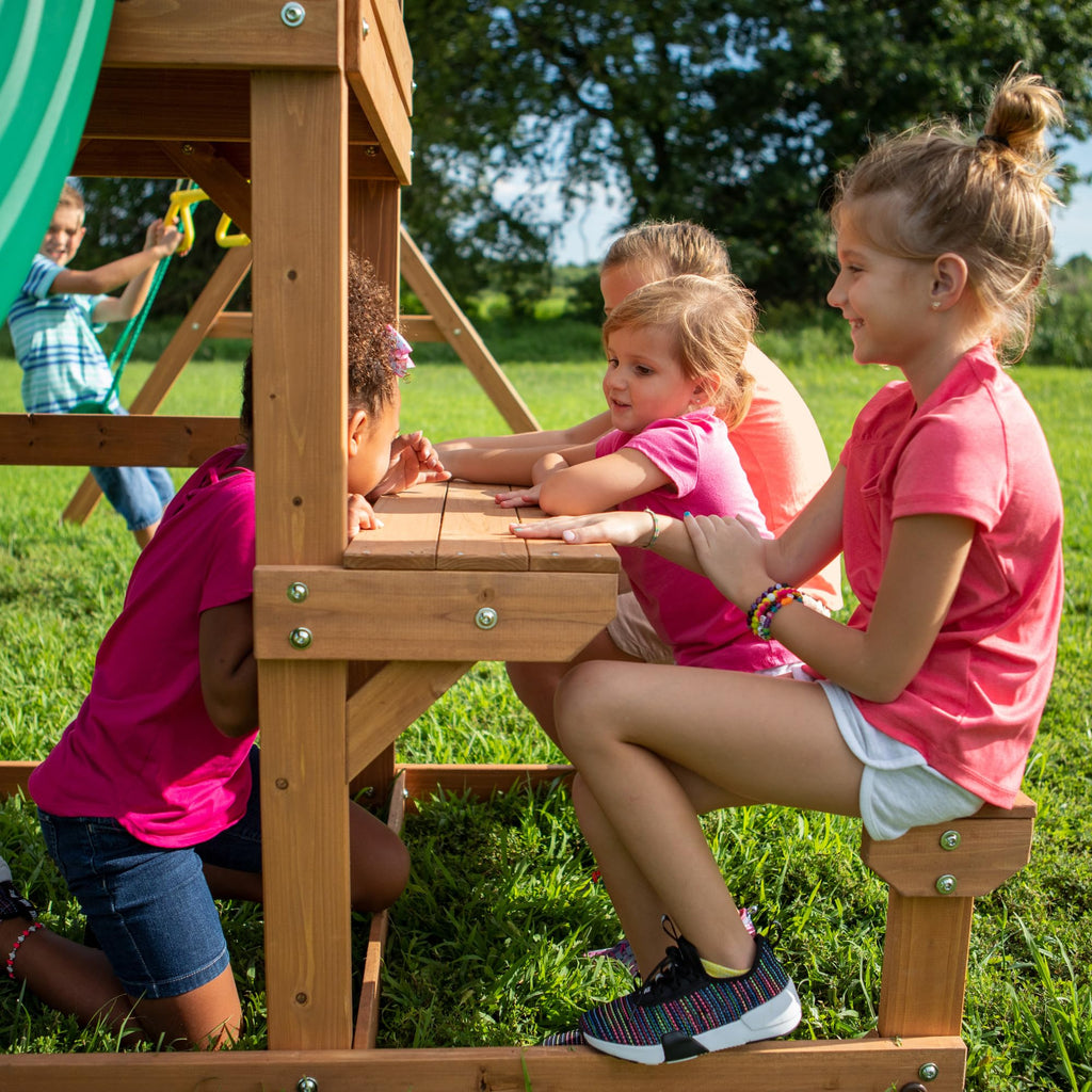 Backyard Discovery Belmont Cedar Wood Swing Set with Wave Slide, Play Deck, Rock Wall Ladder, Snack Bar Window, Shaded Picnic Area, Bench, Belt Swings, Trapeze, Sandbox Area, Canopy, Outdoor Playset