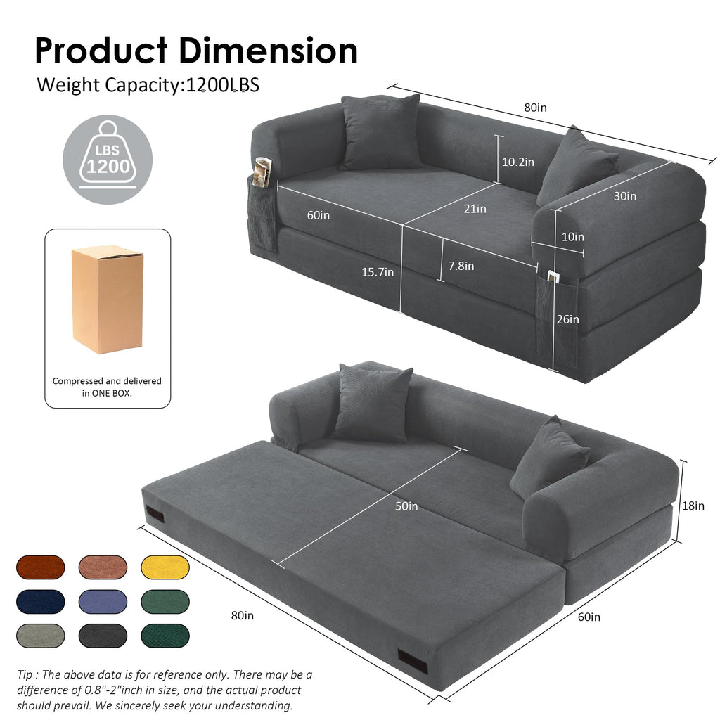 80” Convertible Sofa Bed, Cloud Boneless Couch Floor Sleeper Bed with Pillows, Corduroy Compression Sofa in Box, No Assembly Modular Lounge Couch for Living Room, Smog Gray