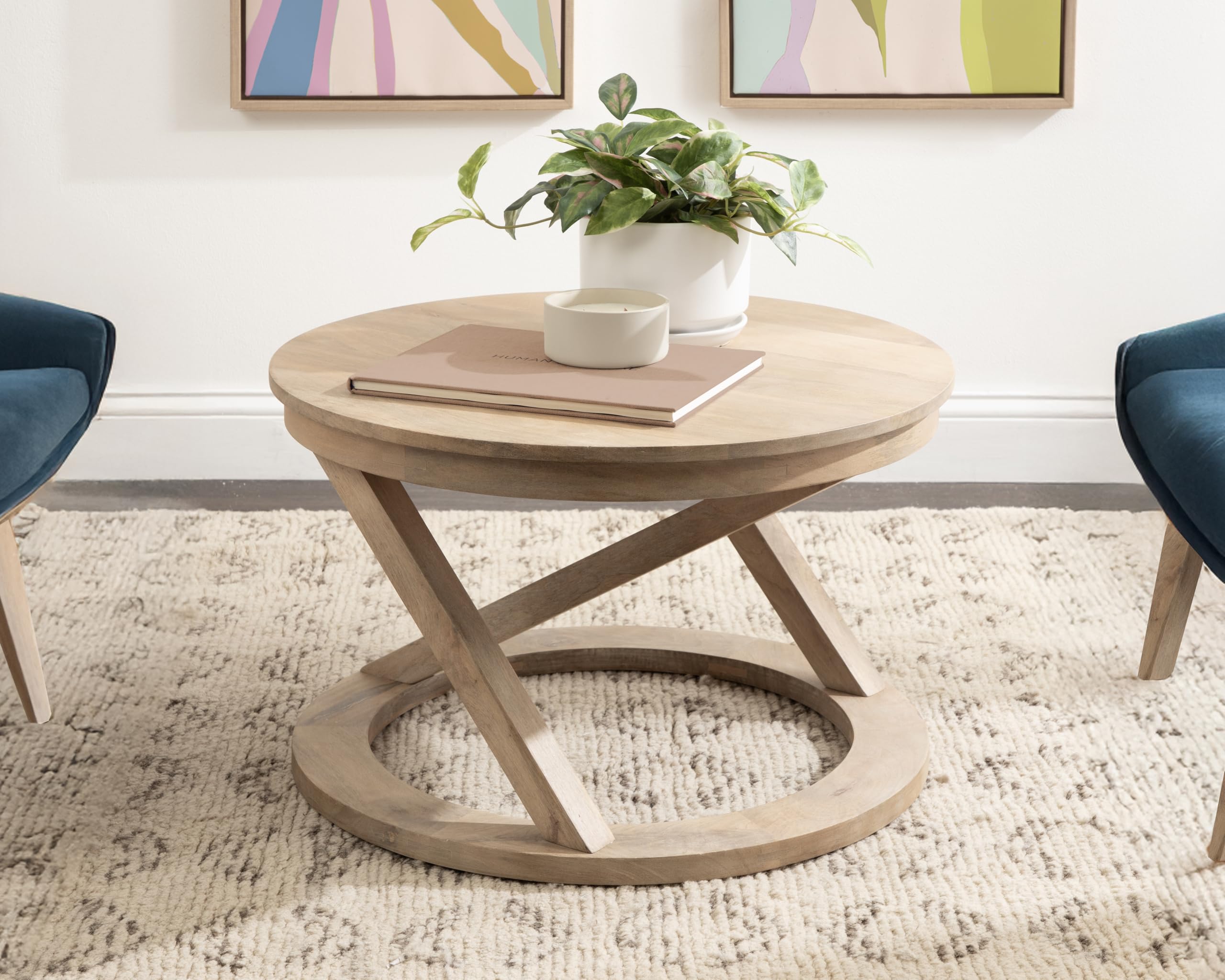 Kate and Laurel Aja Bohemian Round Mango Wood Coffee Table, 26 inch Diameter, Light Natural, Decorative Geometric Modern Coffee Table for Hosting, Storage, and Living Room Decor