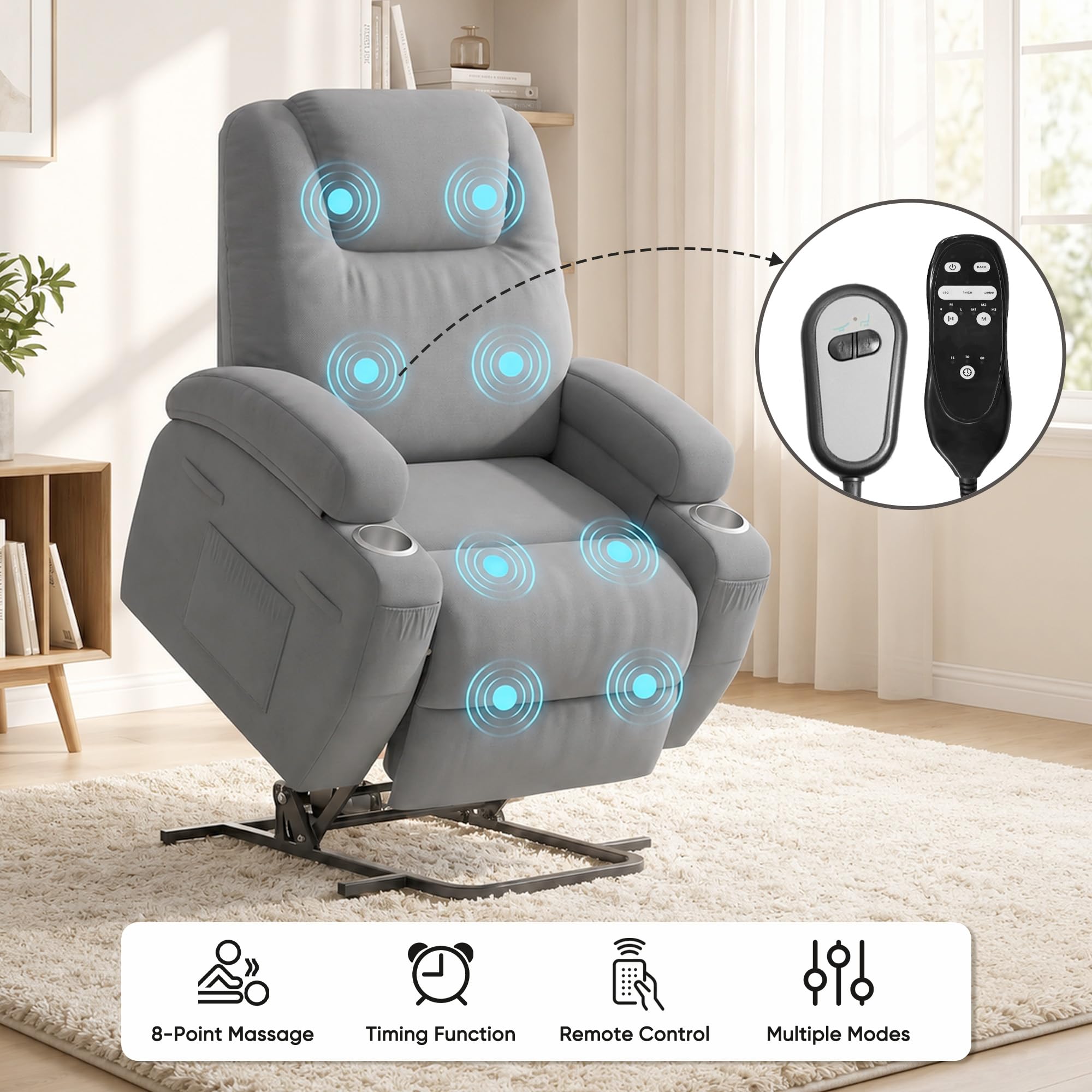 Flamaker Power Lift Chair Massage Recliner Chairs for Elderly - Ergonomic Design with Cup Holders & Side Pockets, Remote Control (Gray)