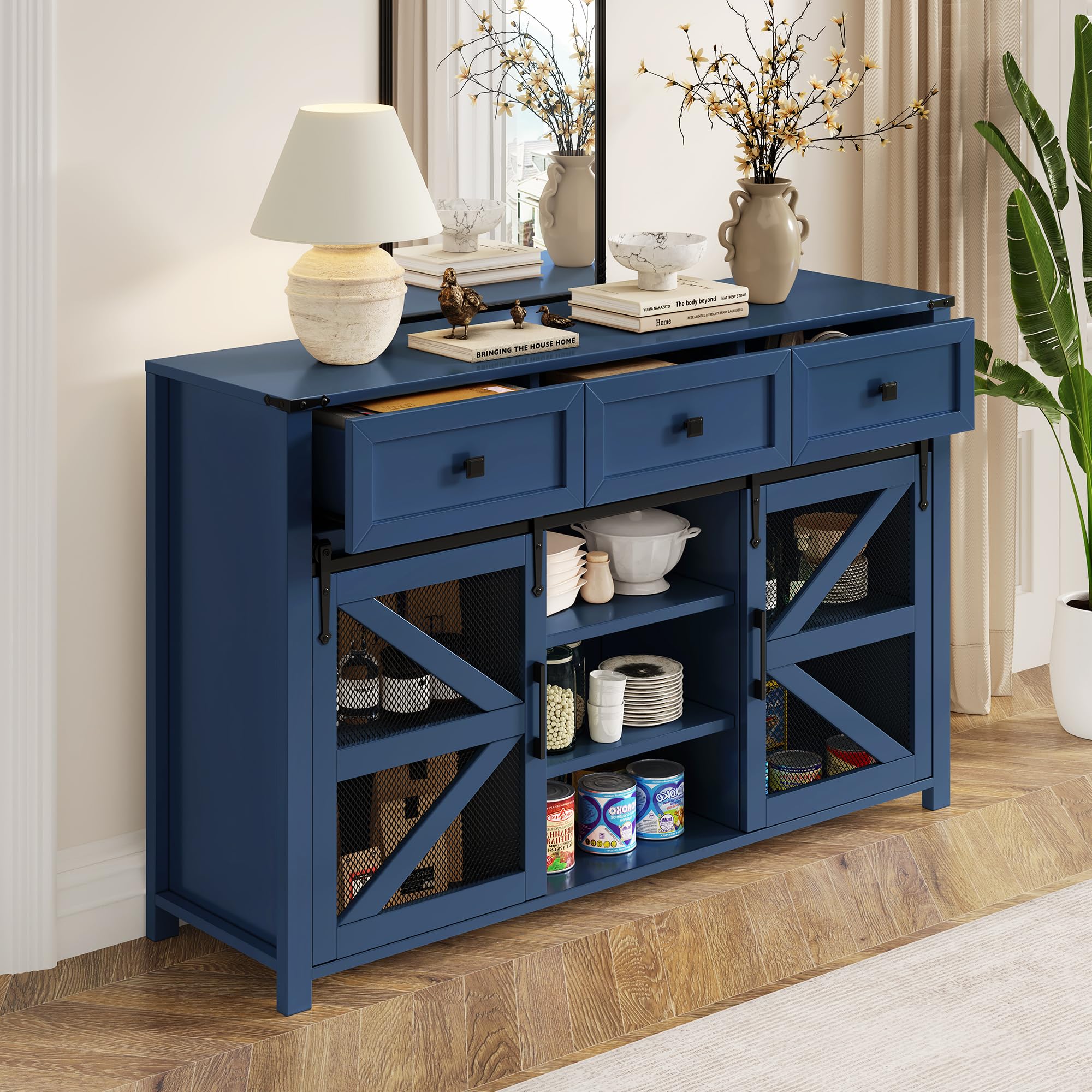GDFStudio 55" Farmhouse Buffet Cabinet with Sliding Barn Mesh Doors & 3 Drawers, Sideboard Storage Cabinet with Adjustable Shelves, Coffee Bar Cabinet Credenza for Dining Room Living Room, Navy Blue