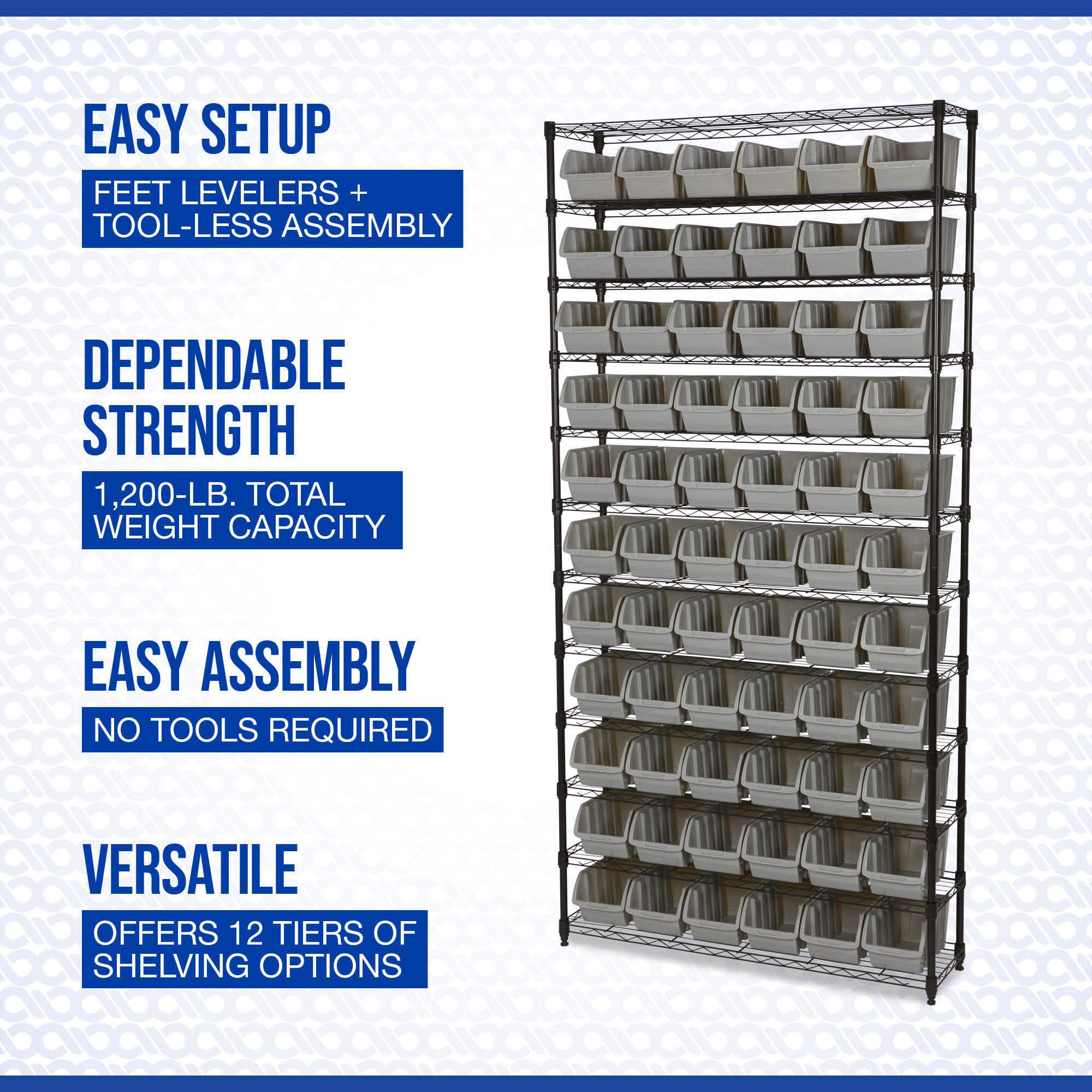 Strongway 12-Tier Single Side Wire Shelving Unit with 66 Bins - 39.5in.L x 16in.W x 80.5in.H