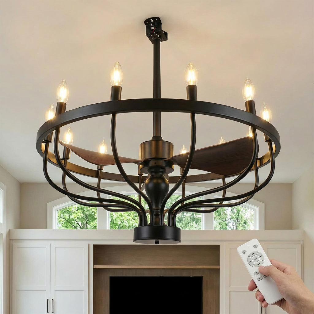 Fiqevs 32-inch Farmhouse Chandelier Fan with Remote Control, DC Motor, 12 LED Lights, Reversible Quiet Operation, Industrial Black Wagon Wheel Rustic Ceiling Fan for Bedroom and Living Room