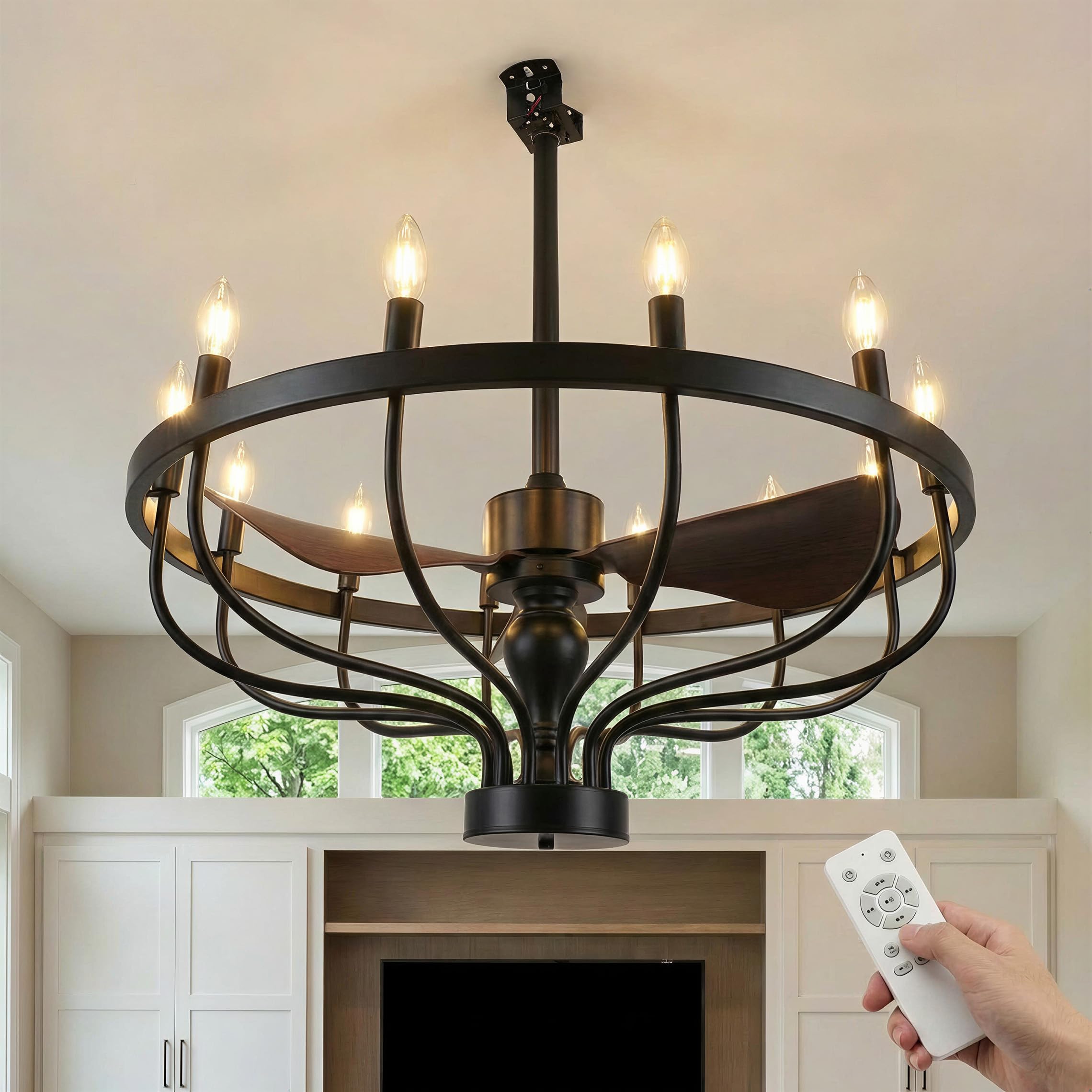 Fiqevs 32-inch Farmhouse Chandelier Fan with Remote Control, DC Motor, 12 LED Lights, Reversible Quiet Operation, Industrial Black Wagon Wheel Rustic Ceiling Fan for Bedroom and Living Room