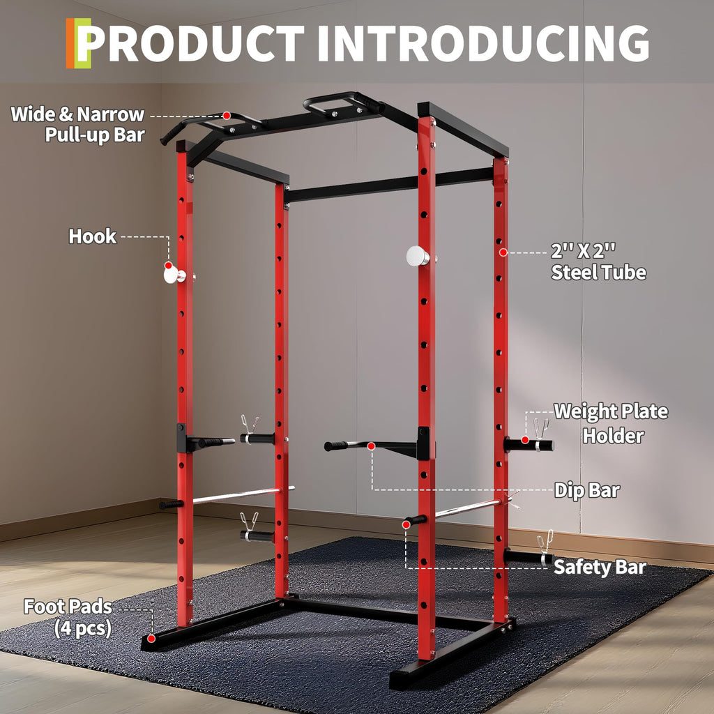 Garvee Power Cage, Squat Rack for Home Gym, 1100LB Capacity Power Rack with Pull-Up Bar, Adjustable Safety Bars, Strength Training for Home Gym, Red
