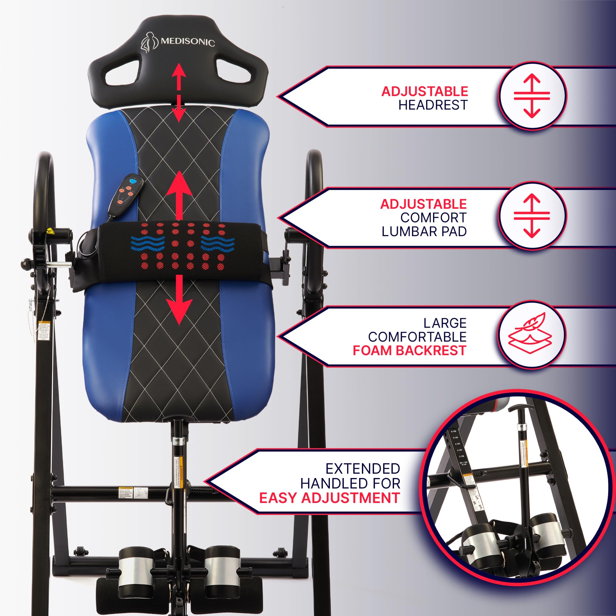 MediSonic Pro Inversion Table with Adjustable Heat & Vibrating Massage Lumbar Pad, Diamond-Stitched Comfort Backrest, Multiple Inversion Angles, 300 lb Capacity, Home Use, Blue