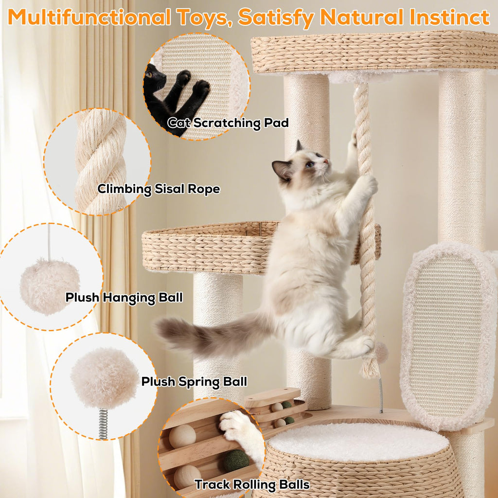 EMUST Luxury Modern Cat Tree Tower 50IN - Heavy-Duty Multi-Level Cat Condo with Extra-Large Hand-Woven Rattan Bed & Thickened Scratching Post for Indoor Cats Large Adult