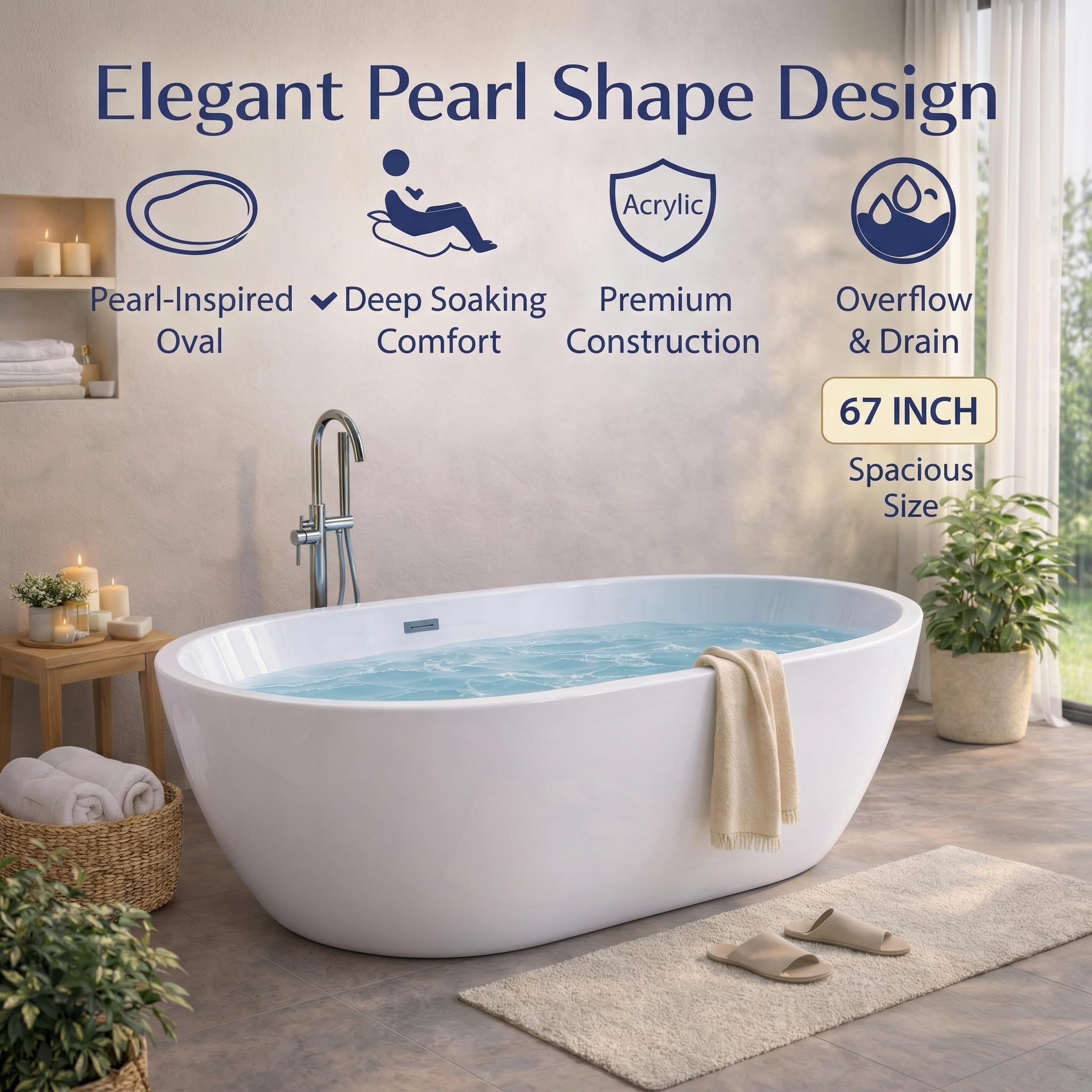 Freestanding Bathtub, Acrylic, Deep Soaking, Modern Upright Bathtub with Matte Drain and Black Overflow, Durable Double Wall, Freestanding for Bathroom, 67'', White