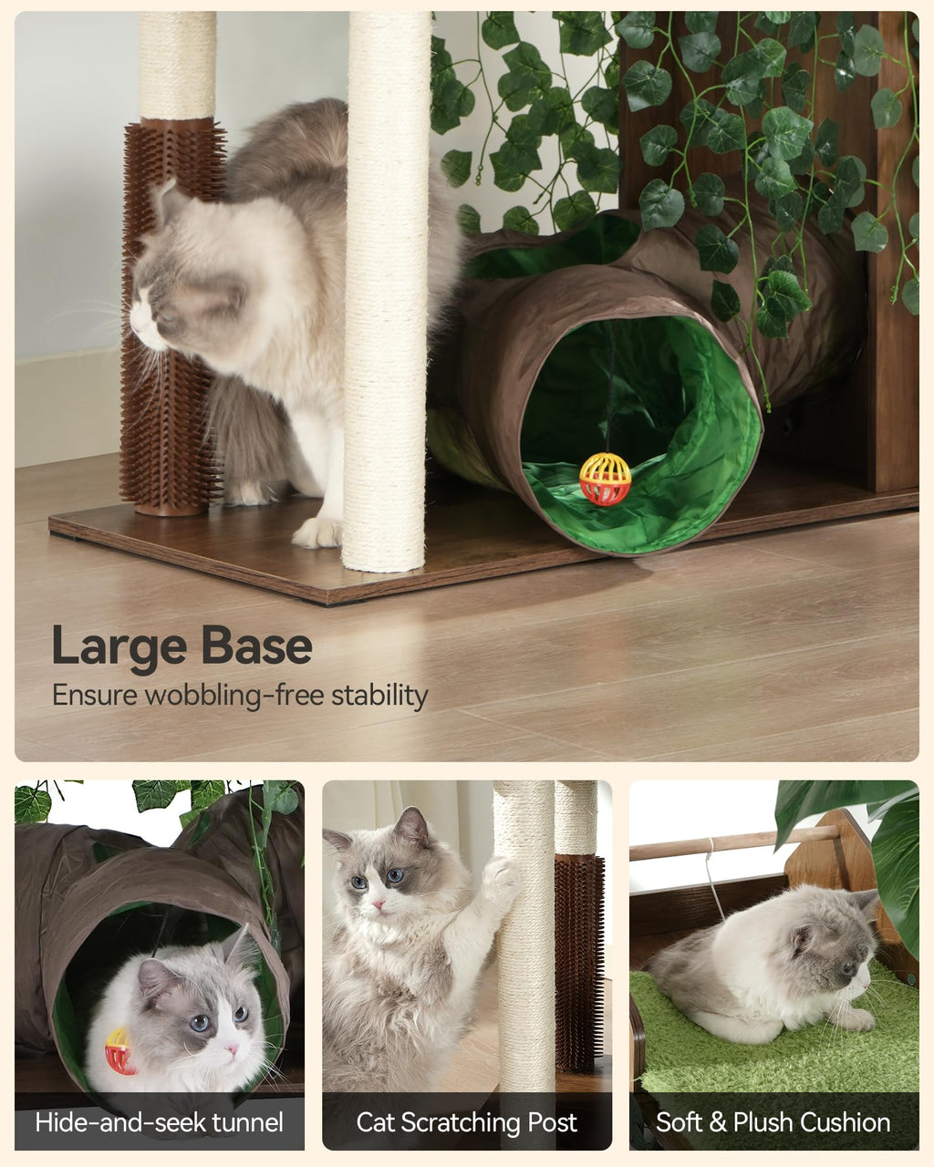 FourFurPets Large Cat Tree with Leaves, 72.8-Inch Cat Tower for Indoor Cats, Modern Cat Tree with Scratching Post, Large Perch, Tunnels, Swing Ball, Self Groomer, Greige