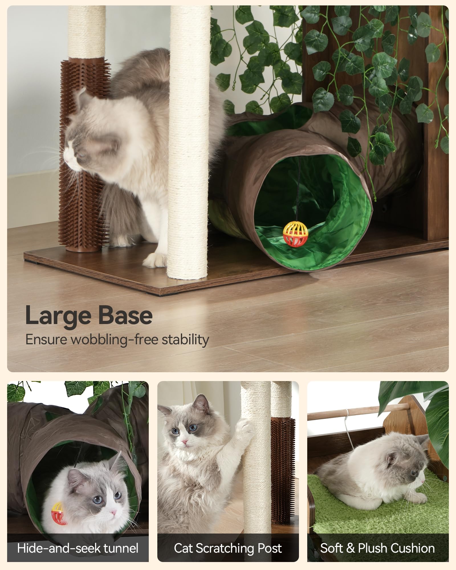 FourFurPets Large Cat Tree with Leaves, 72.8-Inch Cat Tower for Indoor Cats, Modern Cat Tree with Scratching Post, Large Perch, Tunnels, Swing Ball, Self Groomer, Greige