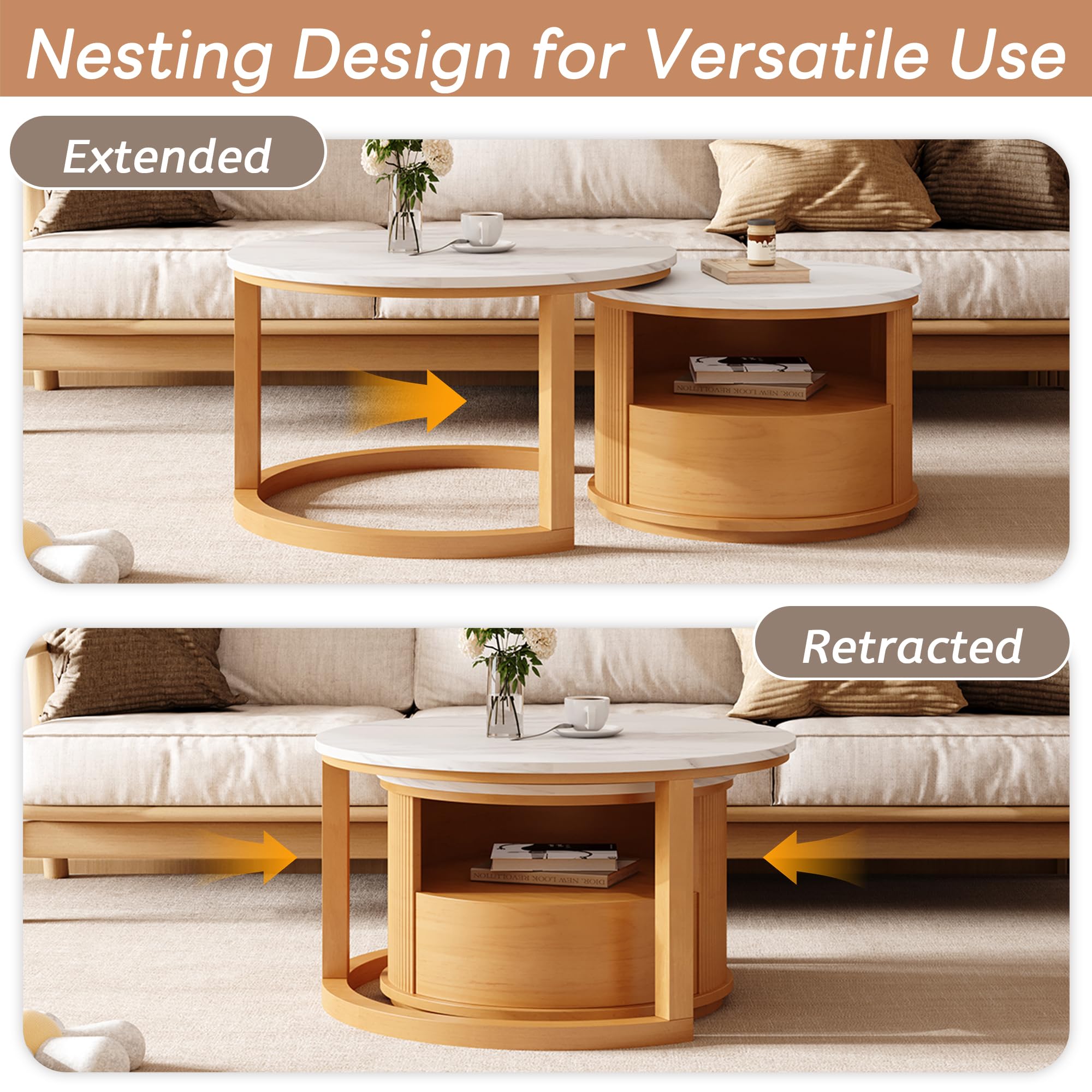 Merax 28.5" Round Nesting Coffee Table Set, Elegant Luxurious White Marble Top, Wood Finish, 2-Tier Storage and 1 Drawer for Living Room Apartment, Natural