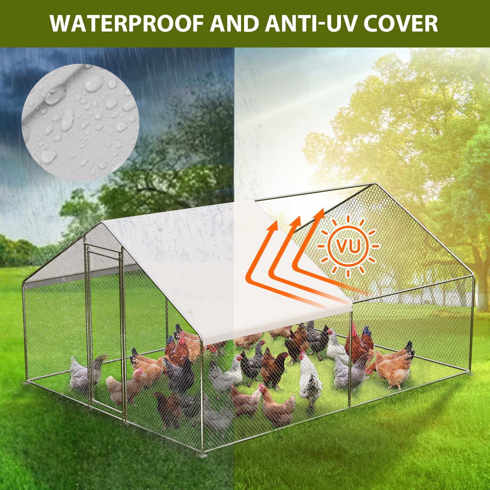 Large Chicken Coop with Cover, Large Metal Chicken Coop,Metal Chicken Run & Spire Roof Outdoor Enclosure with Lock,for Backyard, Farm, Housing Chickens, Ducks, Rabbits